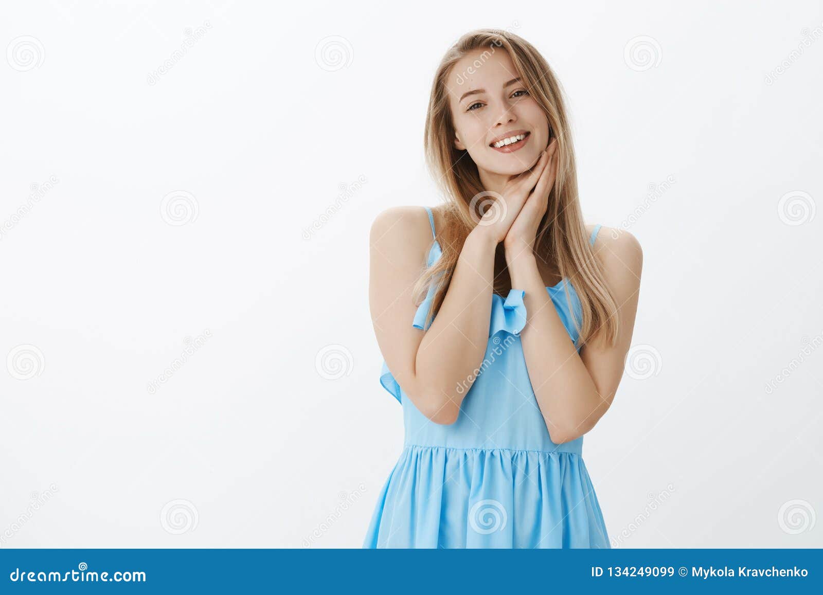 Waist-up Shot of Kind and Gentle Charming Blond Girl in Blue Beautiful ...
