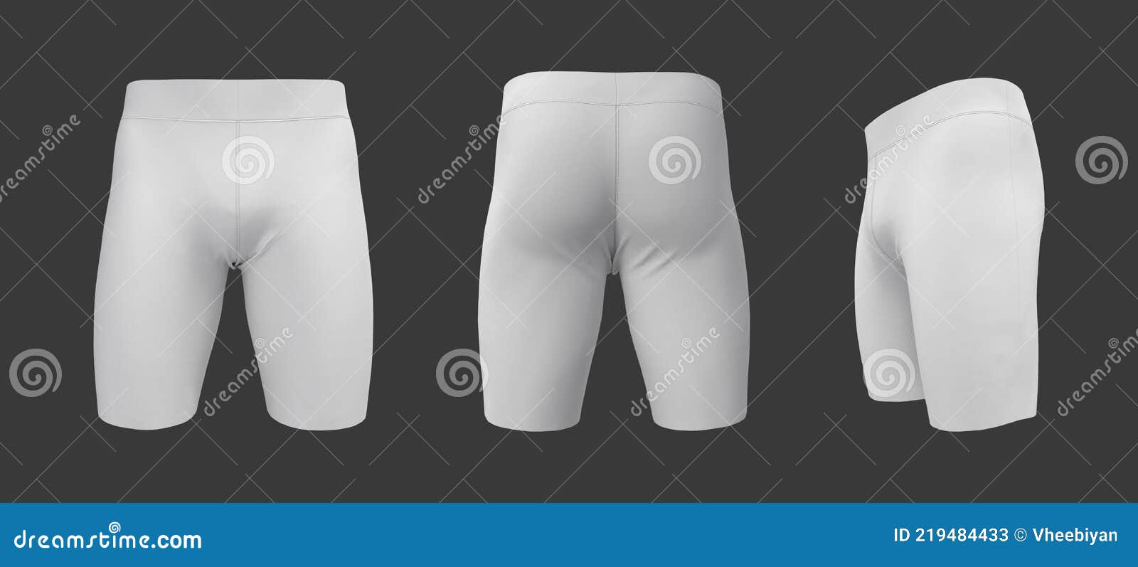 waisted shorts mockup in front, side and back views