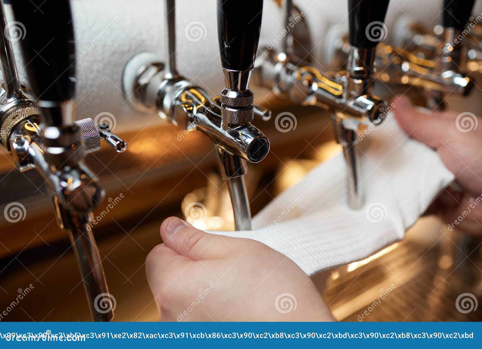 Waiter or Bartender Cleaning Beer Taps on the Counter in Pub and
