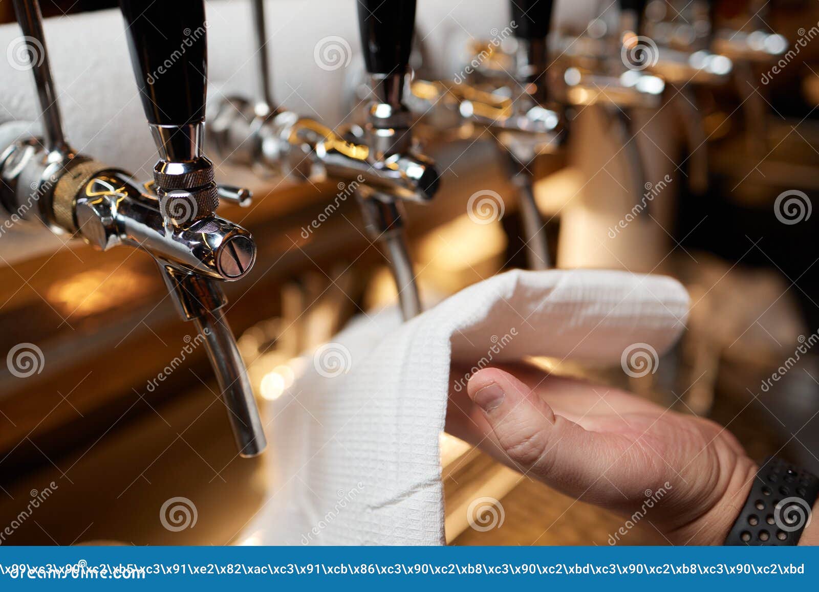 Waiter or Bartender Cleaning Beer Taps on the Counter in Pub and