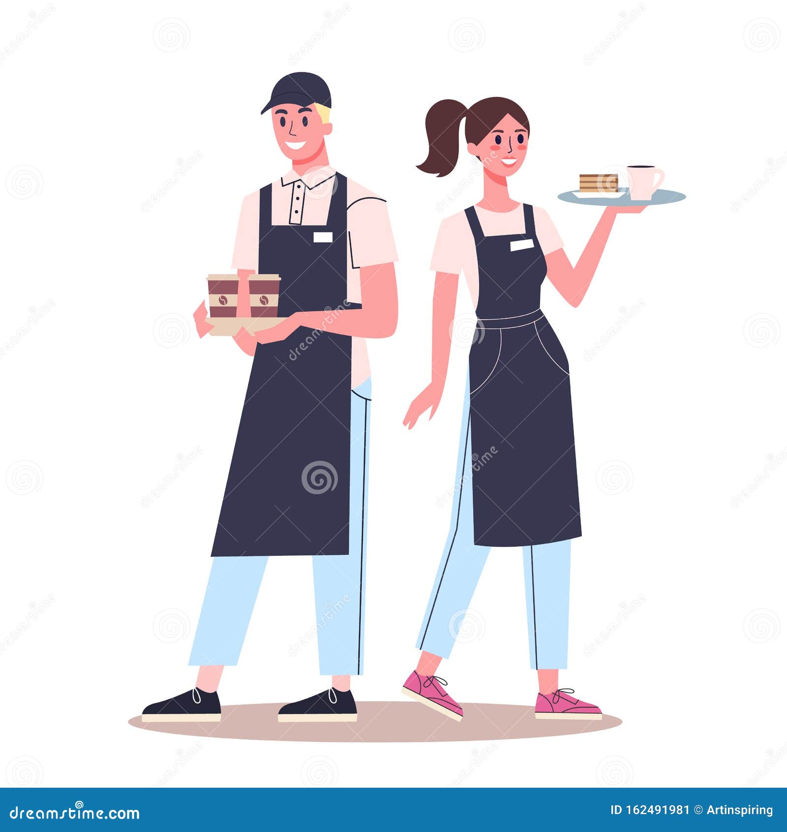 Waiter And Waitress Standing Restaurant Staff In The Uniform Cartoon