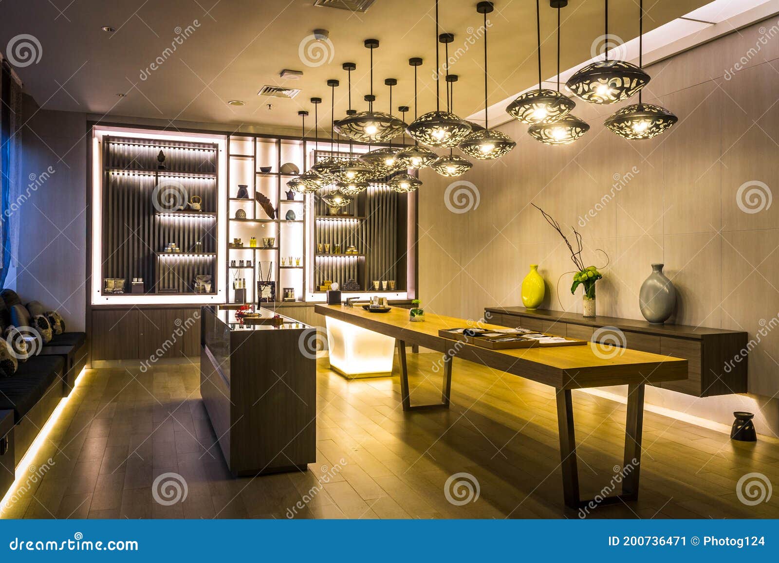 The Waiting Room Lobby Reception of a Spa with Couches, Lighting and