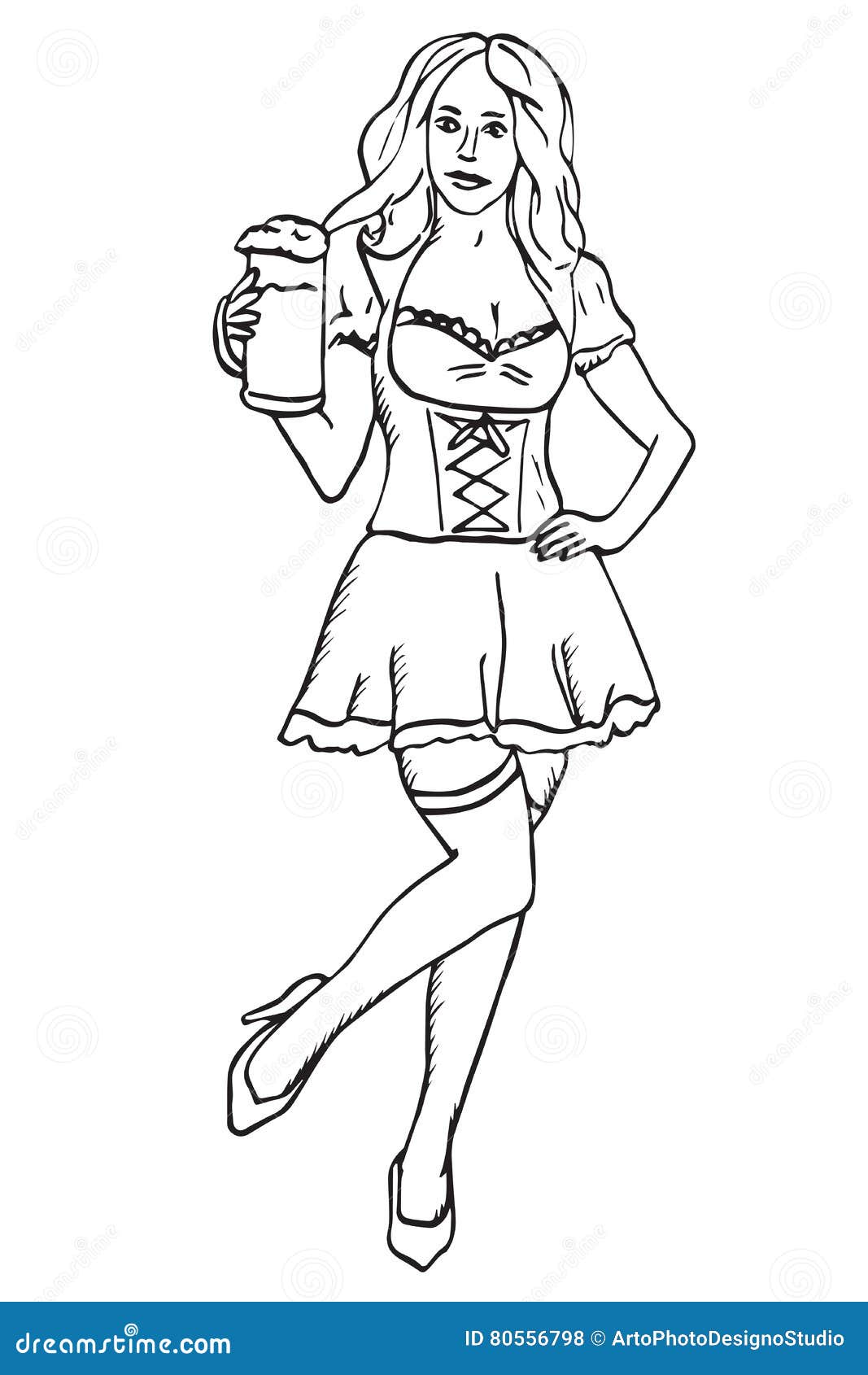 Waitress with Beer, Hand Drawn Doodle, Sketch in Pop Art Style, Stock ...