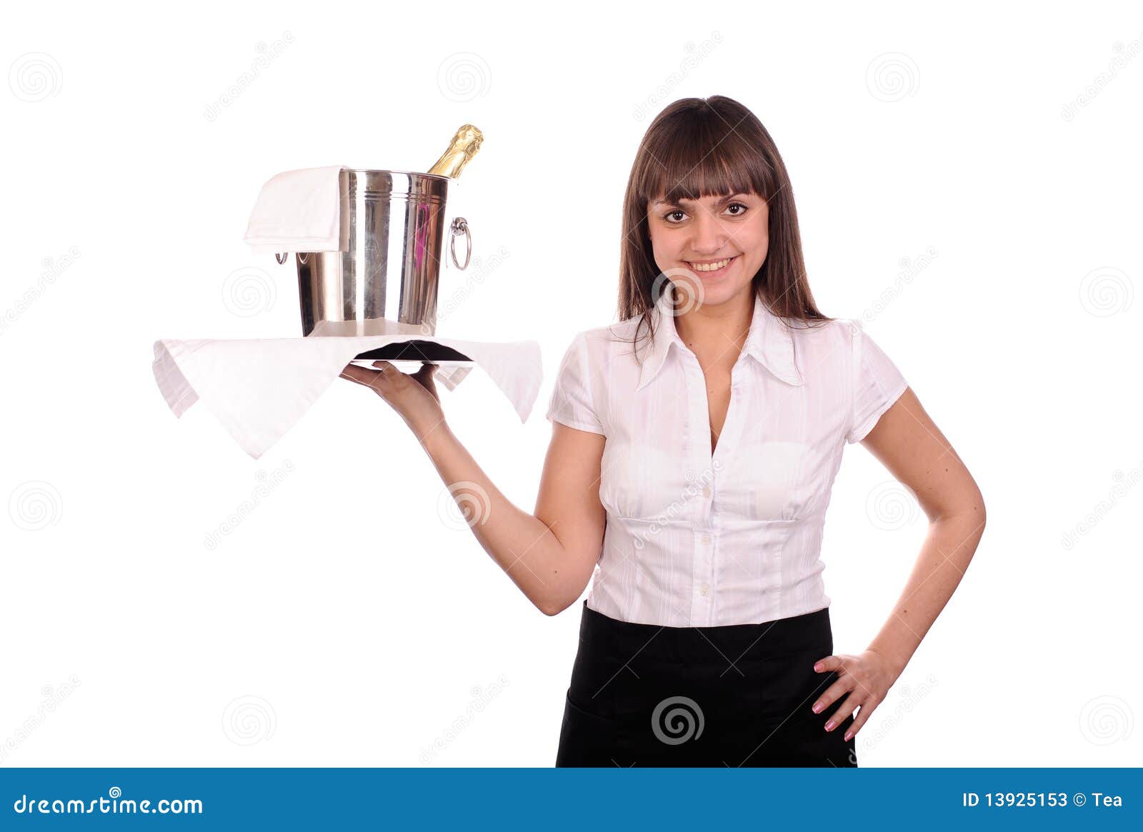 Waitress with Bottle of Champagne Stock Image Image of happiness