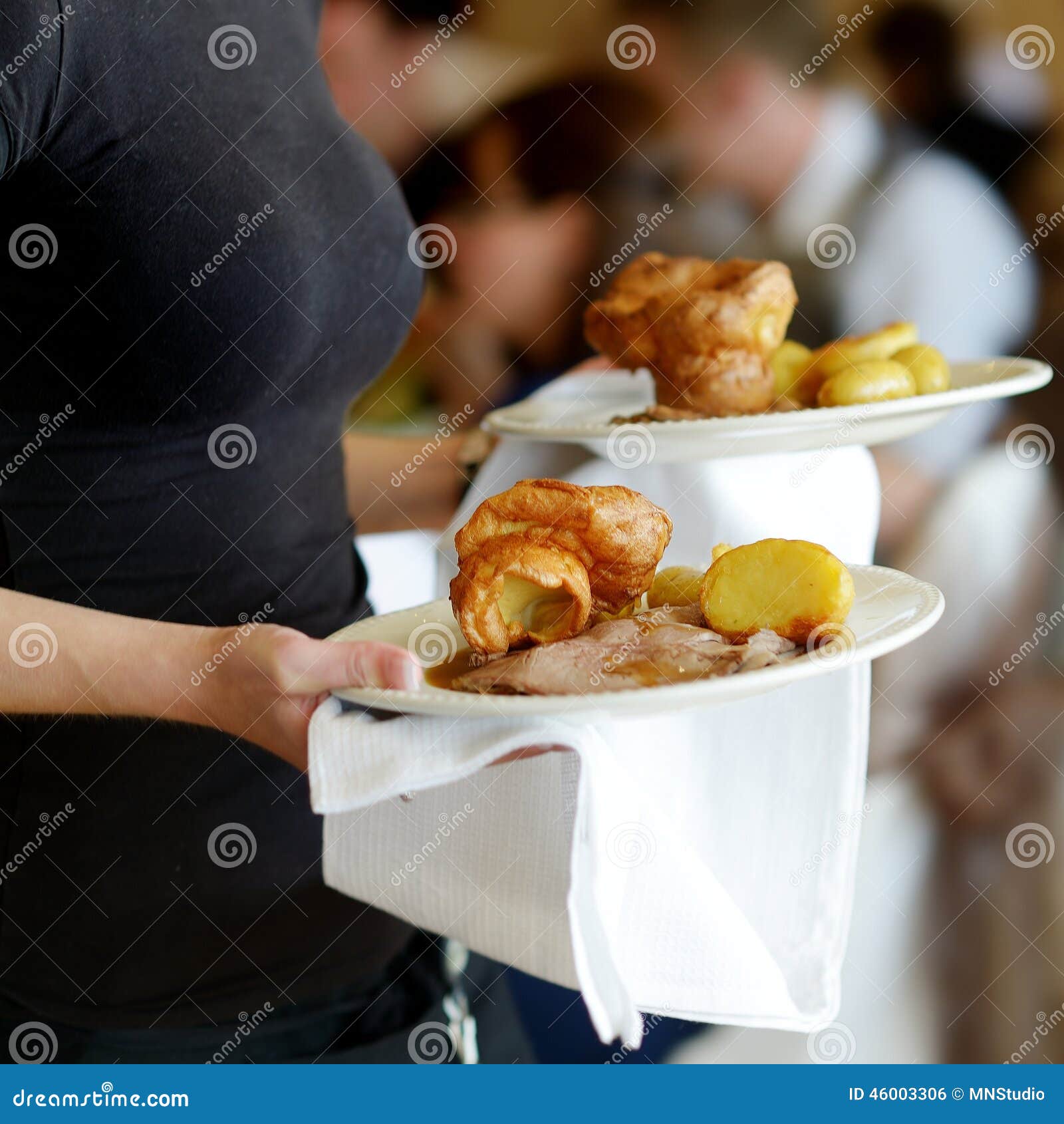 Waitress Carrying Two Plates with Meat Dish Stock Photo Image of hand