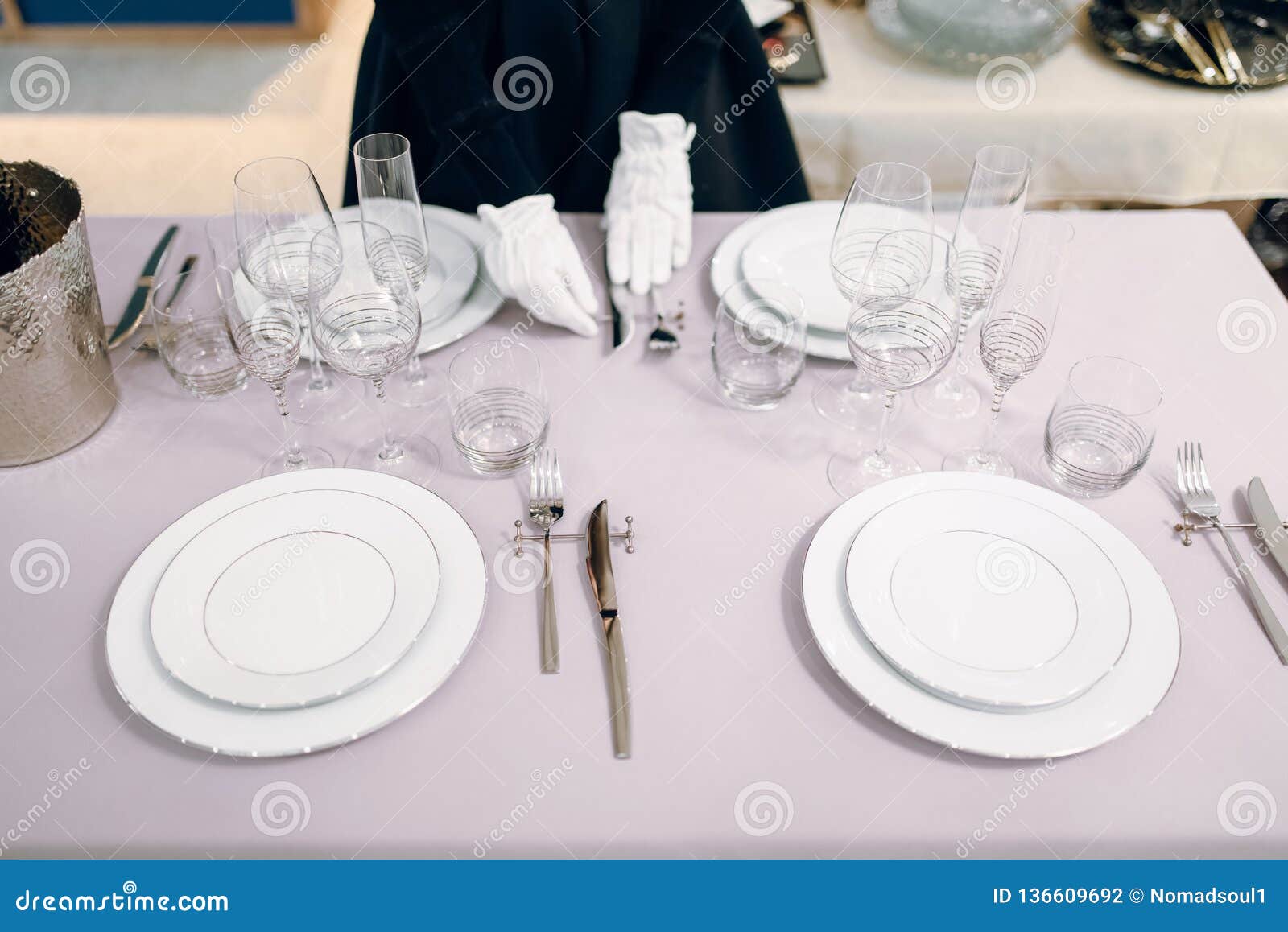 Waitress in Gloves Puts the Knife, Table Setting Stock Photo - Image of ...