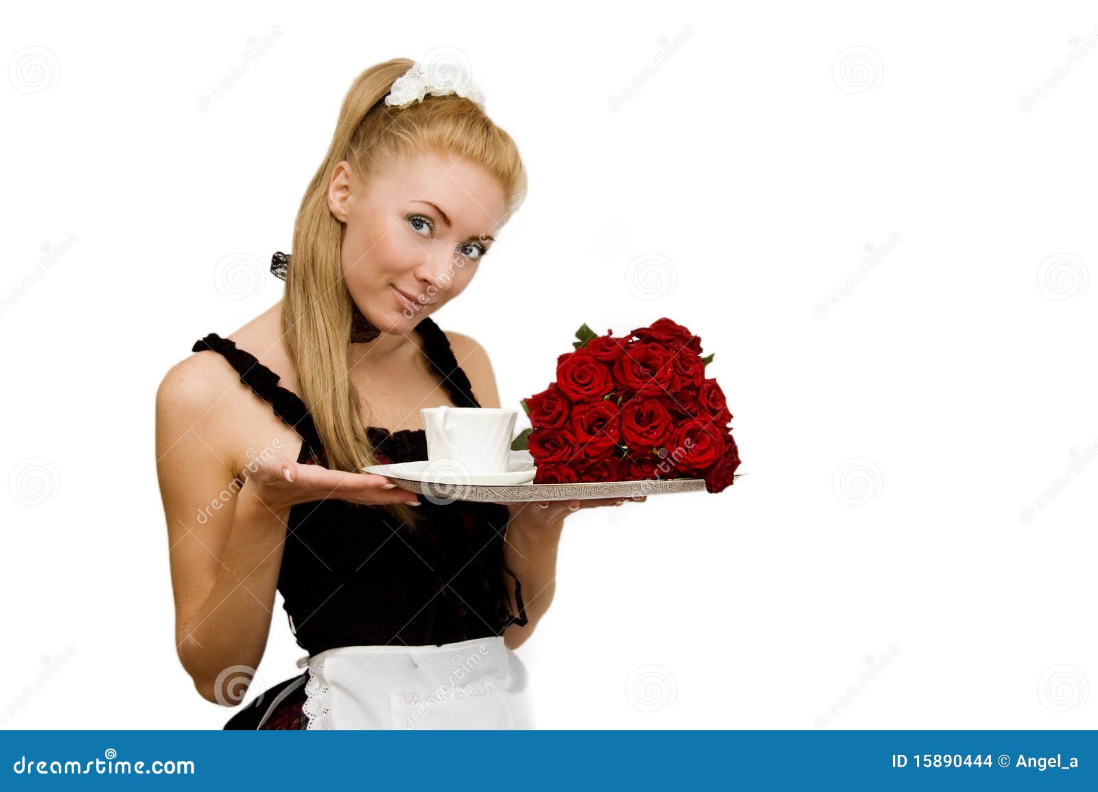 Waitress in Uniform with Tray and Flowers Stock Photo Image of face