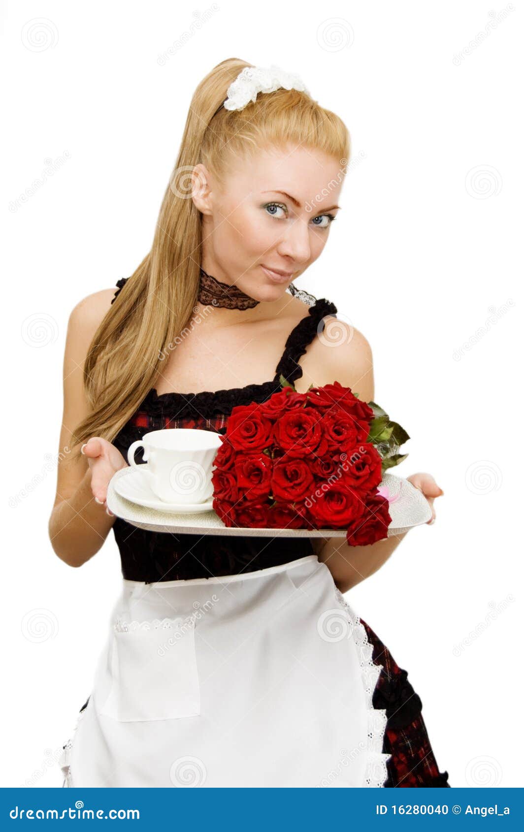 Waitress in Uniform with Tray and Flowers Stock Photo Image of cafe