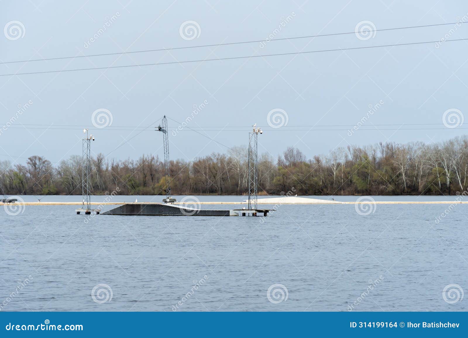 wake cable park for wakeboarding on river. pulley system reverse equipment wakeboard in water. traction water snowboard halyard