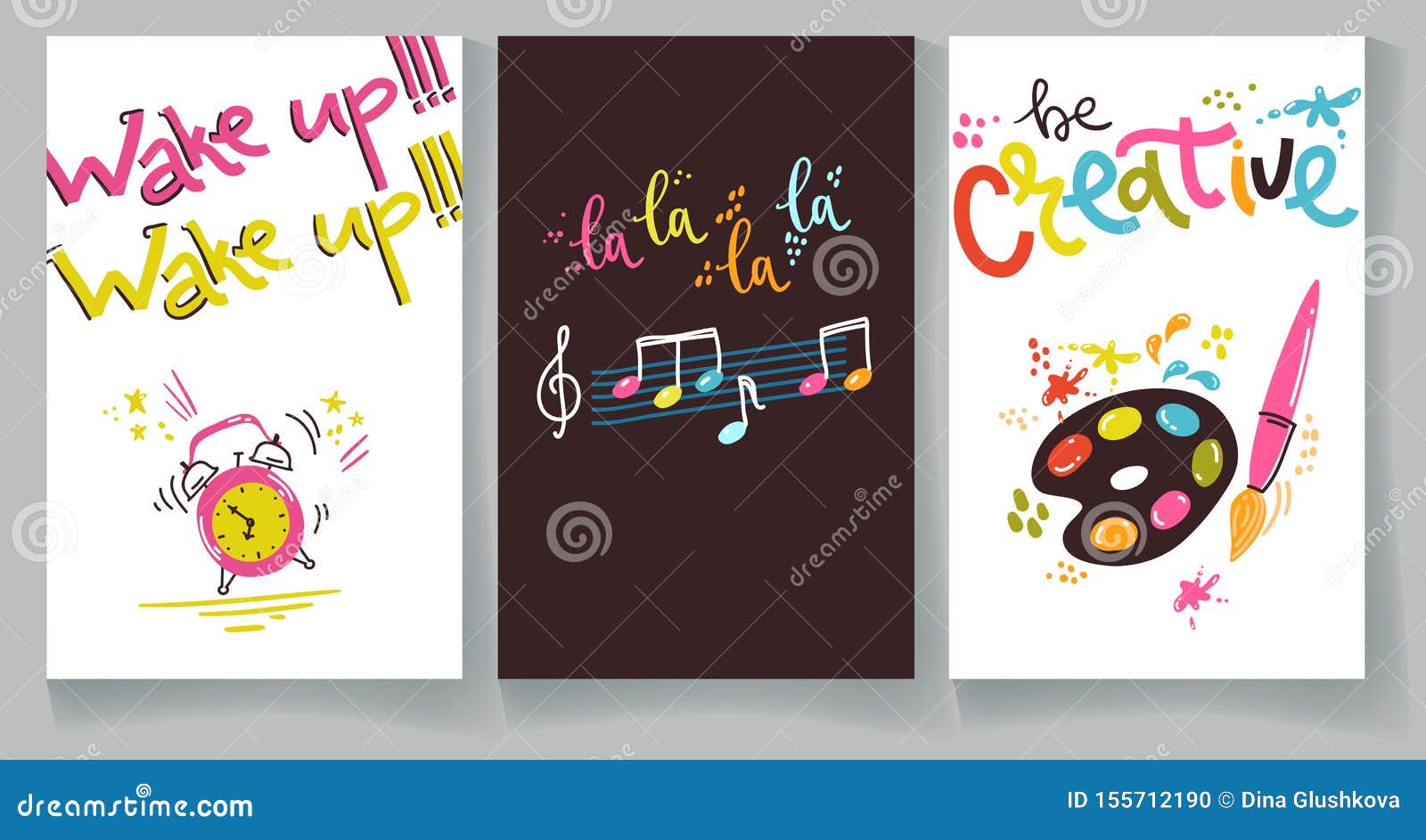 wake up. lalalala. be creative. lettering compositions with alarm clock, color palette and notes