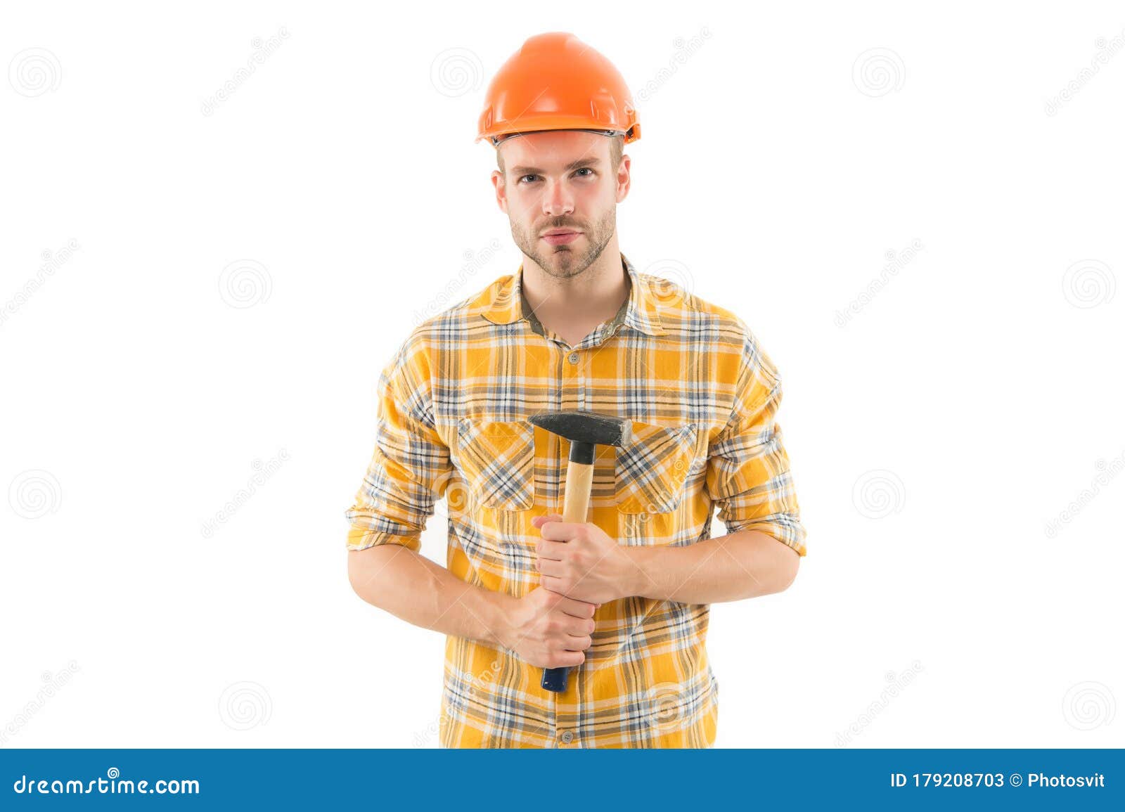 wake up masters in yourself. inspired guy with hammer. improvement and renovation. man builder or inspector. engineer