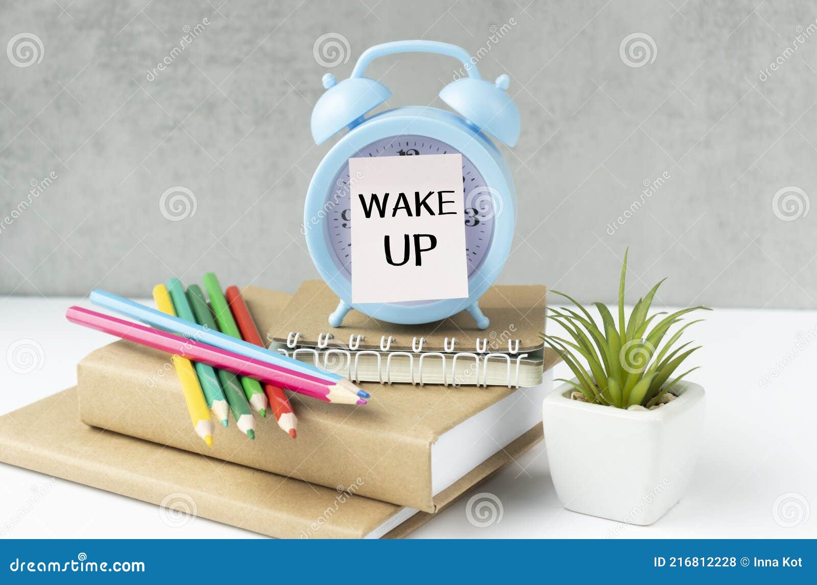 Wake Up Word on Alarm Clock with Colored Pencils Stock Photo Image of wake, concept 216812228