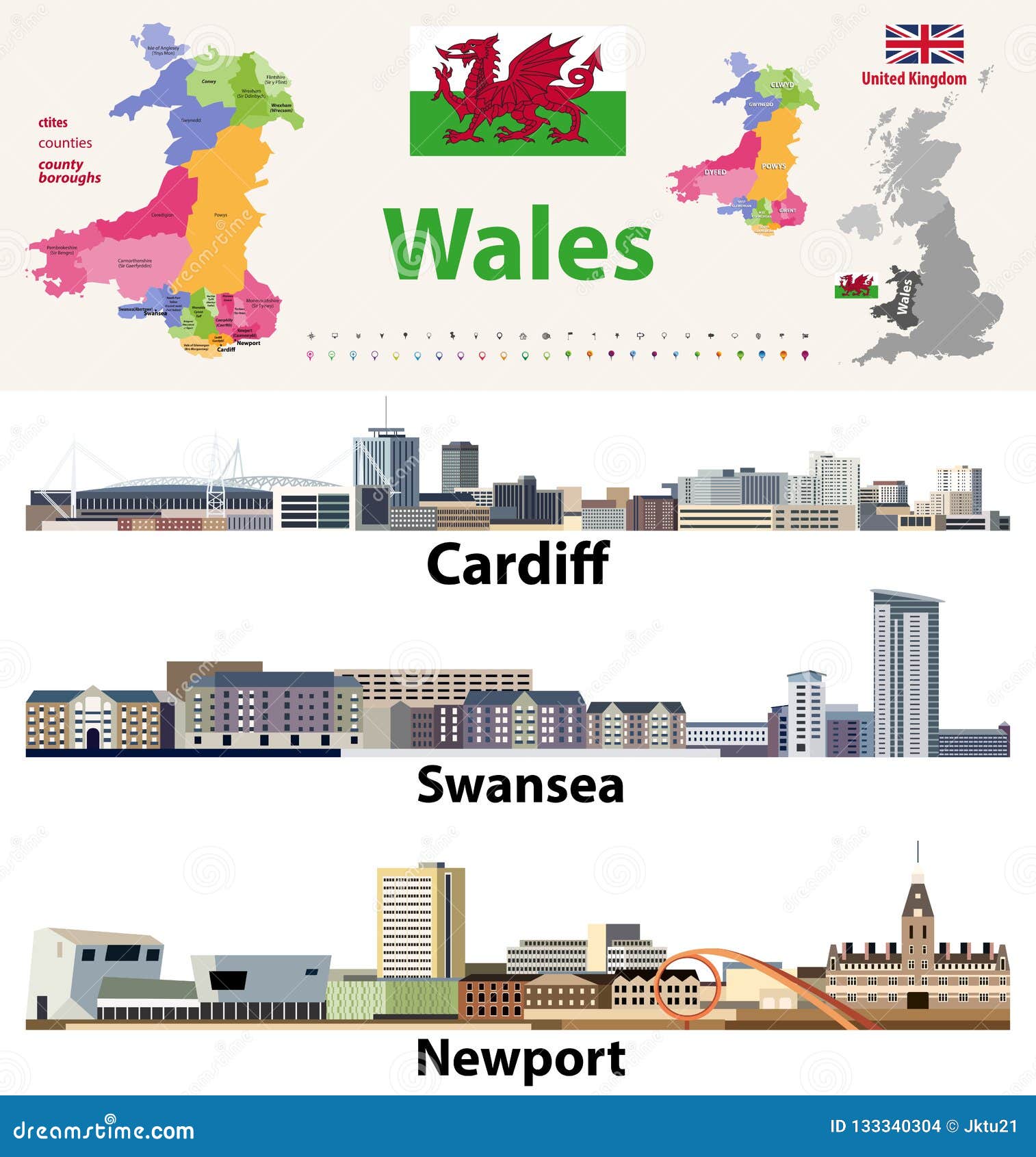 Wales Cities, Countries And Country Boroughs Map And Welsh Largest Cities Skylines Icons. All ...