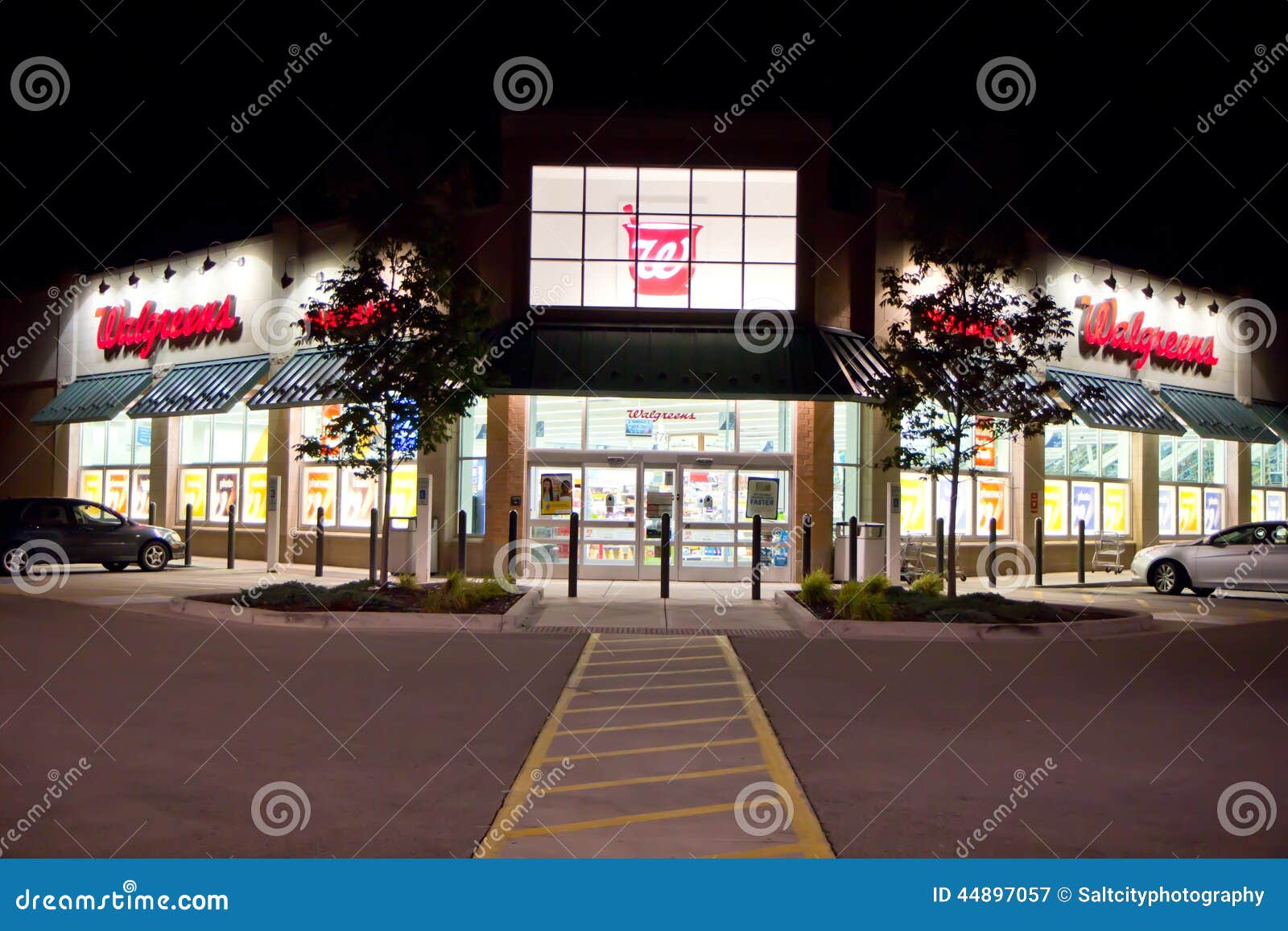 Walgreens building Night editorial photography. Image of perscription