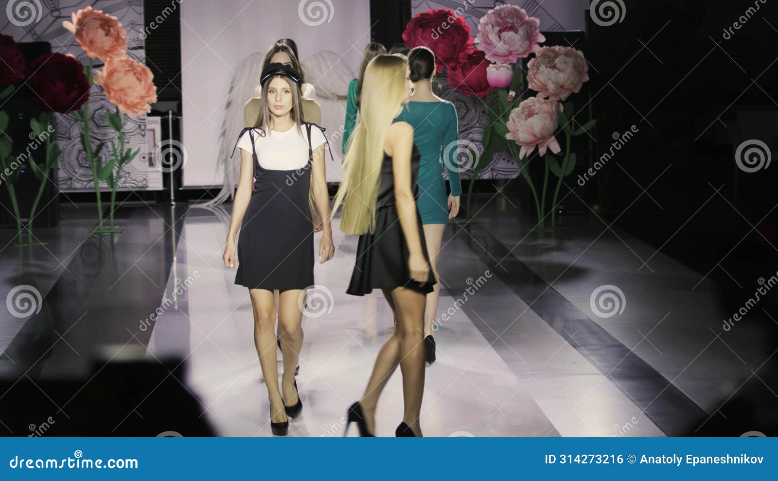 walk defile slow motion girl colorful dress catwalk model show closeup vogue 4k.