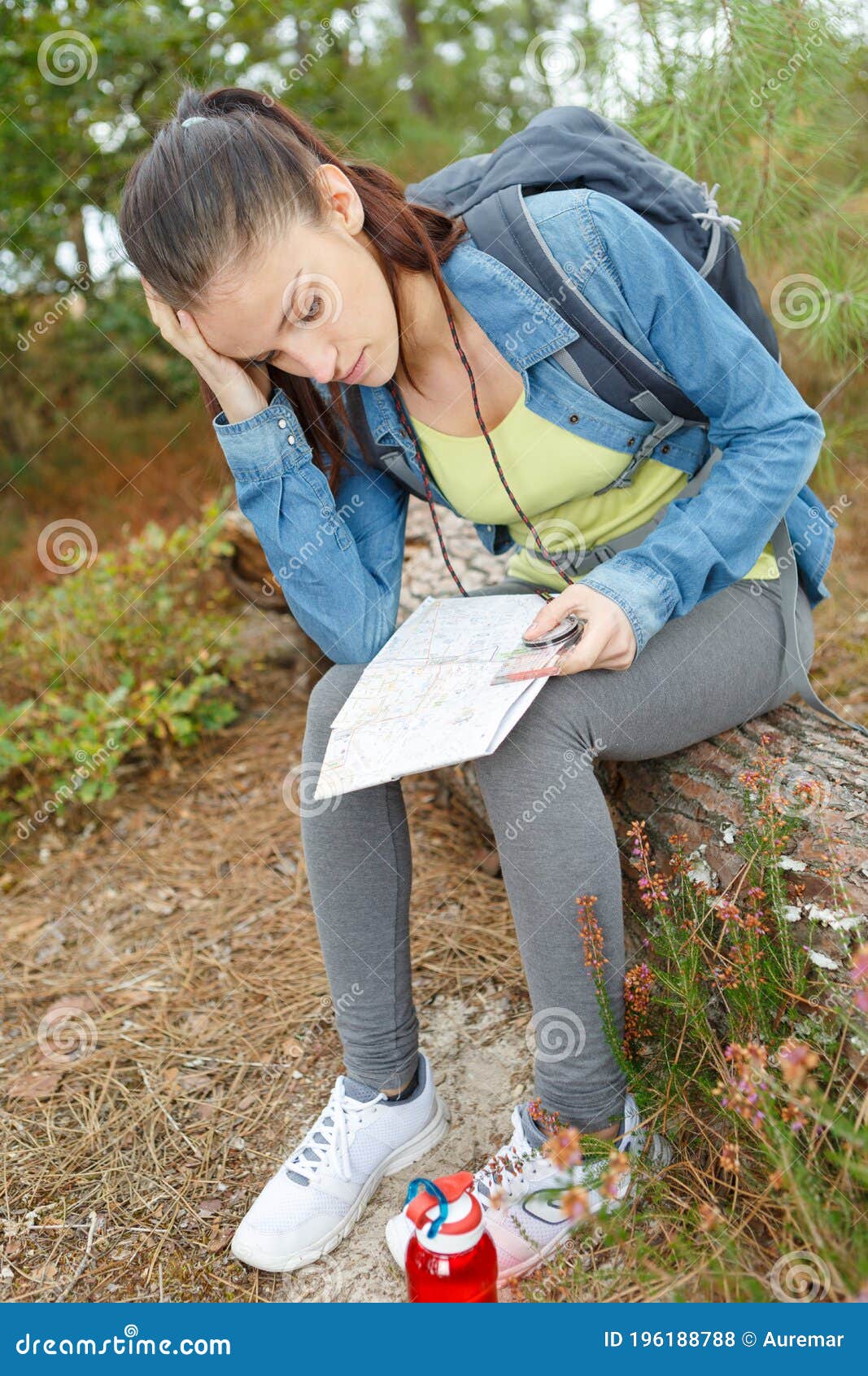 walker sat on tree trunk looking at map