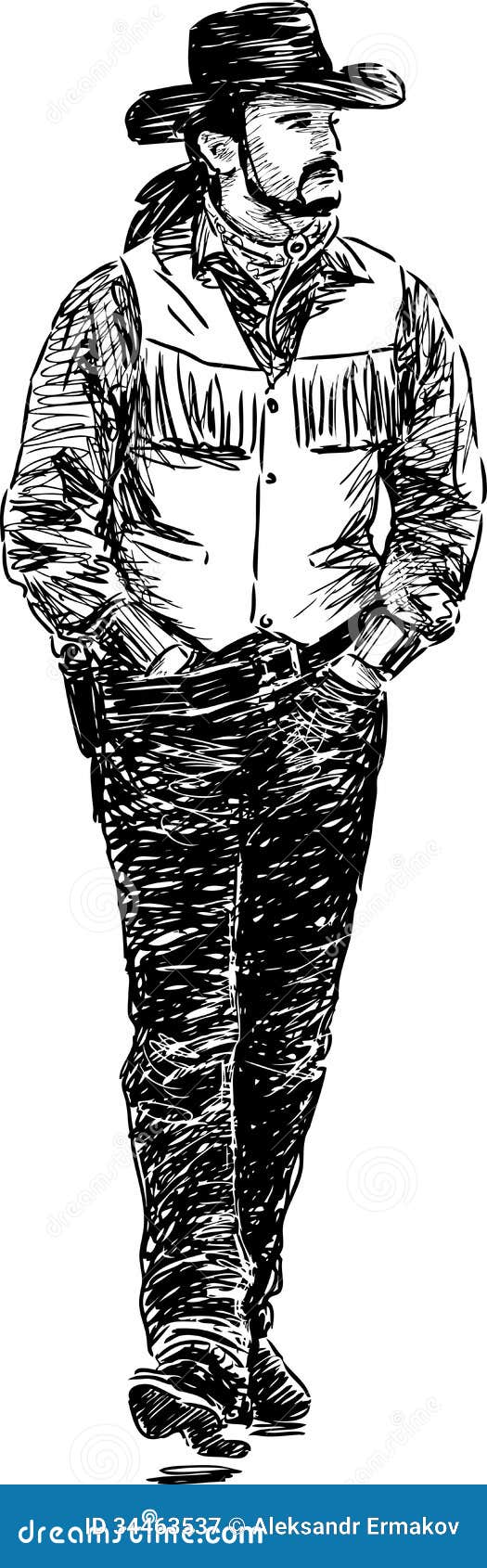 Walking cowboy stock vector. Illustration of sketch, past