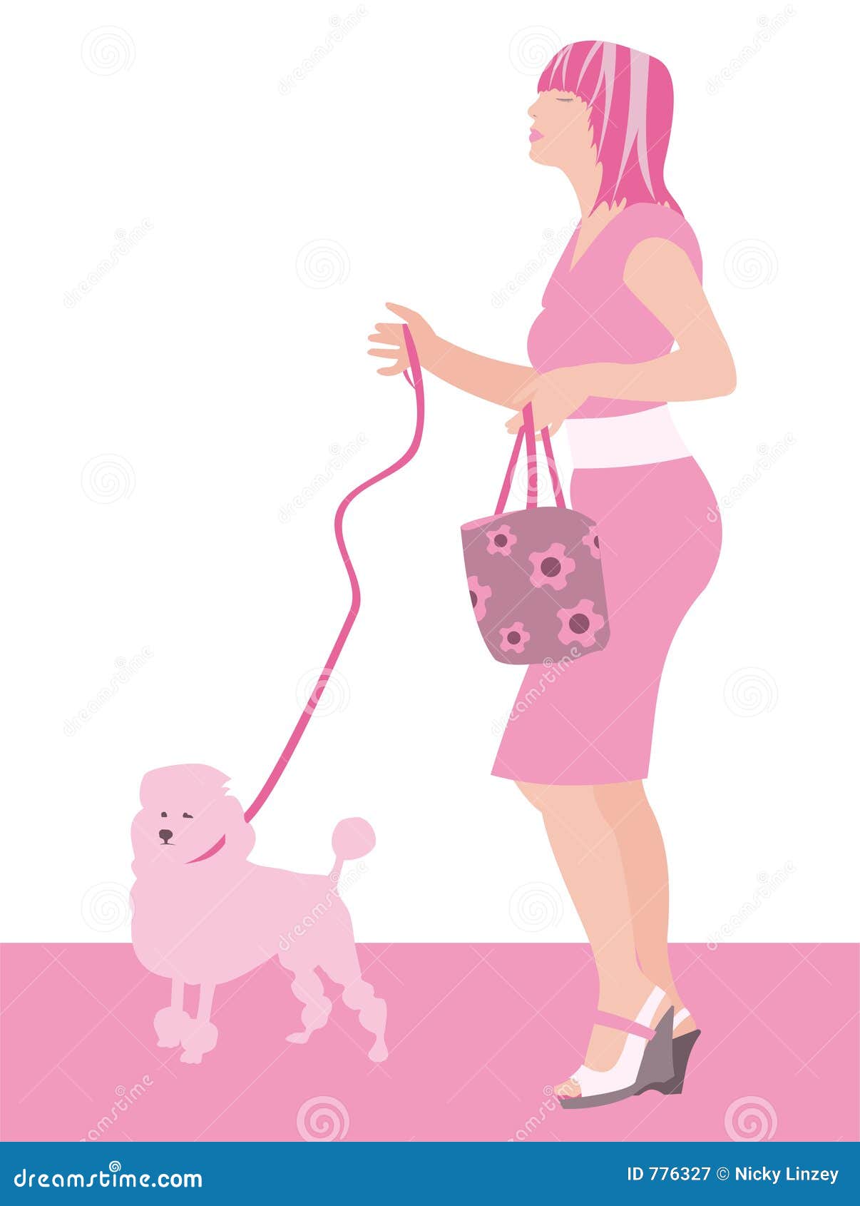 Walking the dog. Illustration of elegant woman walking her colour co-ordinated poodle
