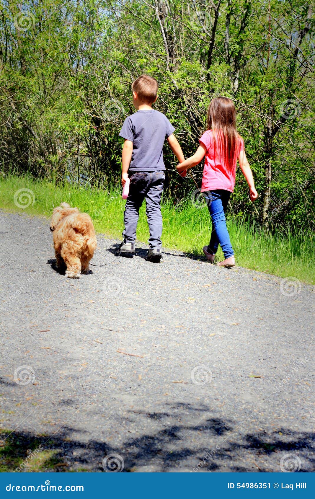 kids walking dog