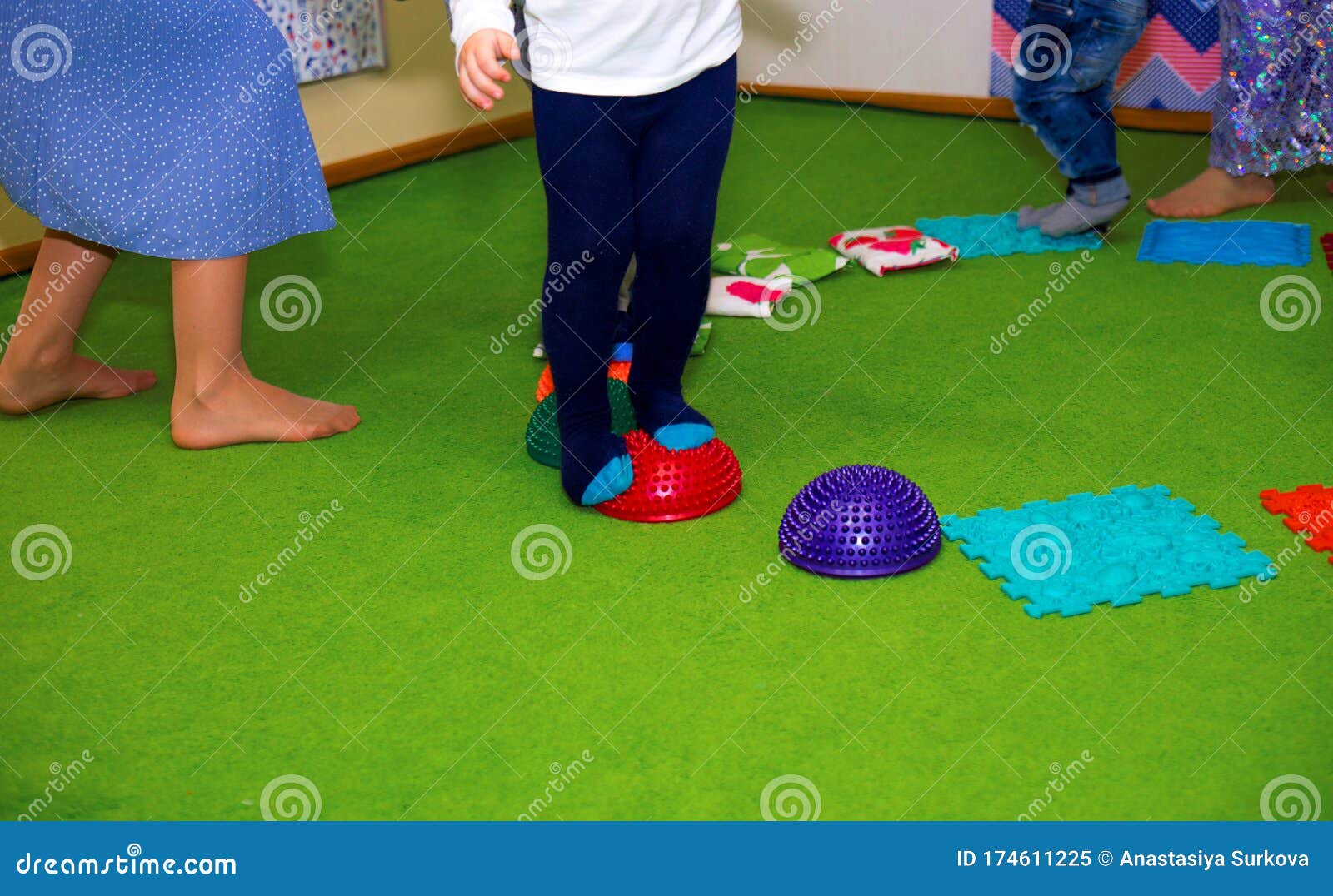 Walking on a Massage Mat. Physical Development for Children Stock Image