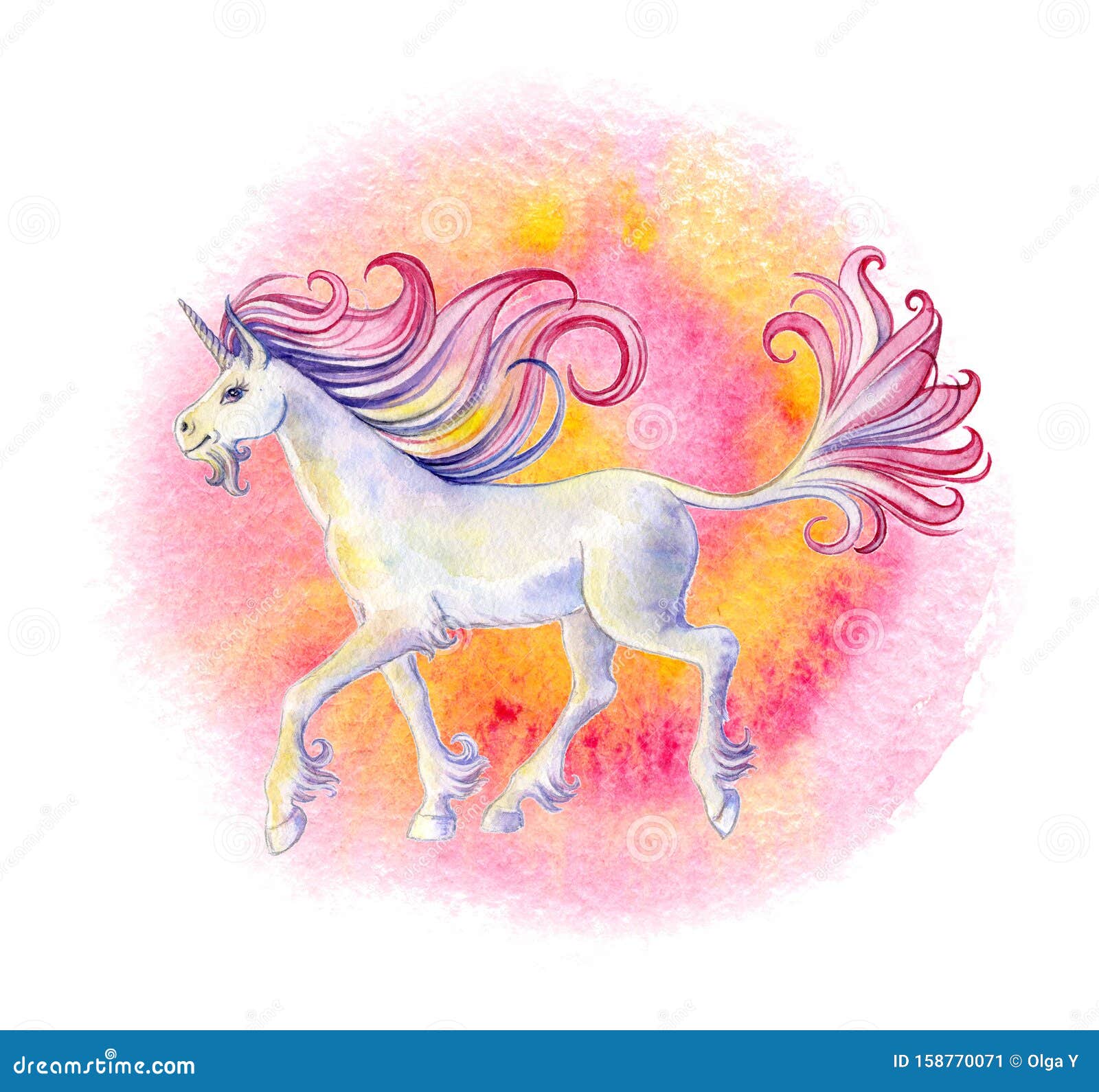 Walking Unicorn with Flowing Mane and Tail Against of a Spiral Pink ...