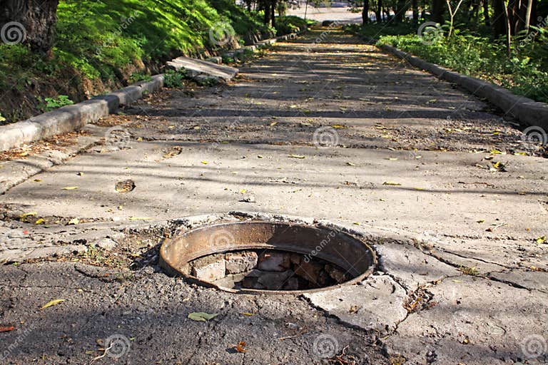 Walkway with Opened Sewers Hatch Stock Photo Image of grunge, close