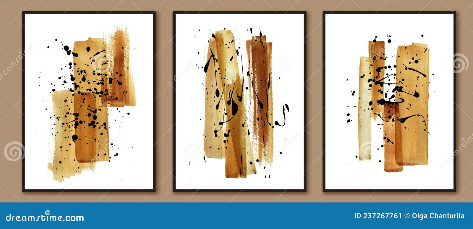 wall art triptych. set of posters with golden watercolor brush strokes and black splatters. home decor .