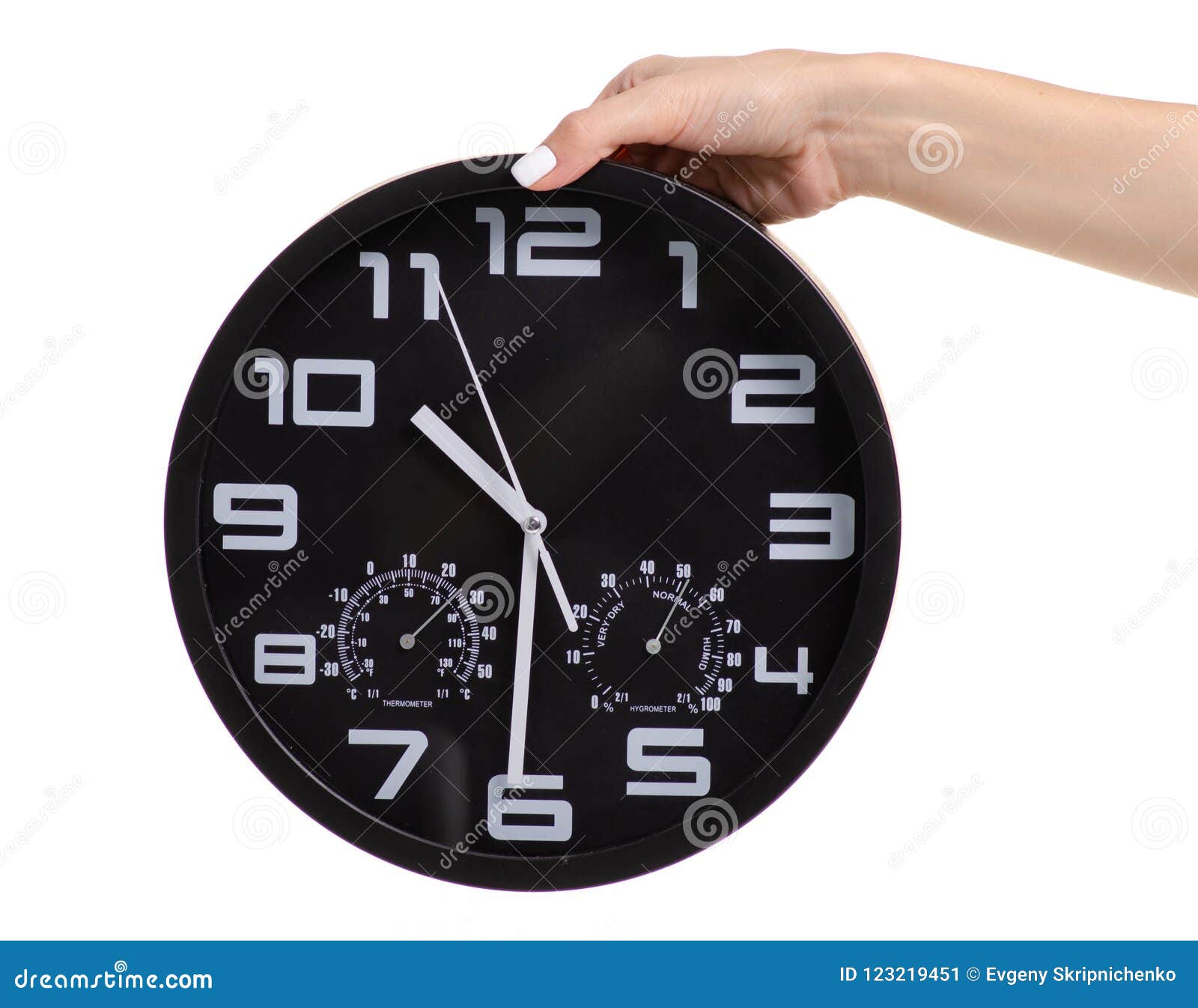 Wall black clock in hand stock image. Image of deadline - 123219451