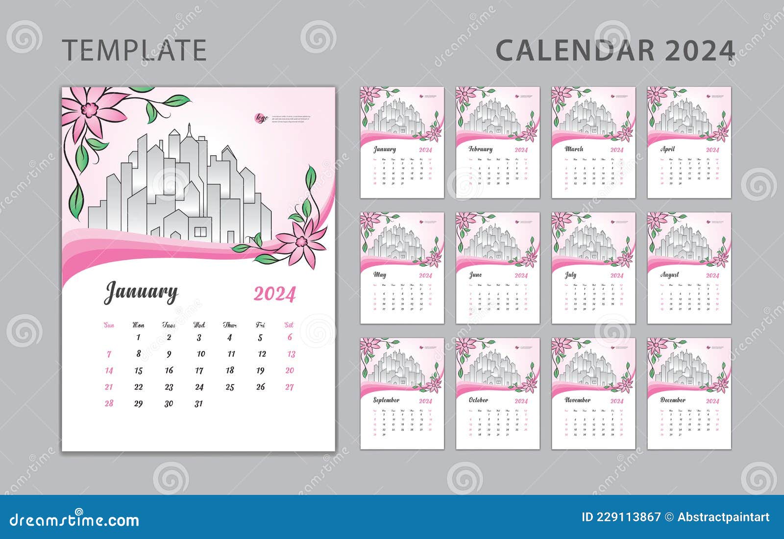 Wall Calendar 2024 Design, Pink Flowers Concept, Desk Calendar 2024