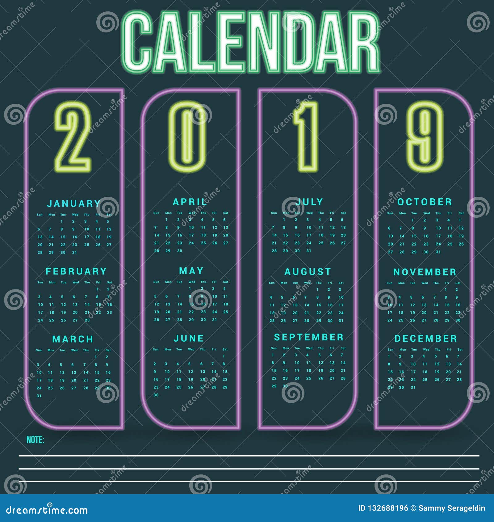 Wall Calendar Neon Template for 2019 Year Stock Illustration
