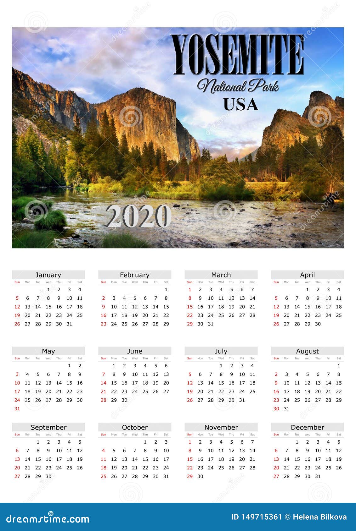Calendar Poster 2020 Yosemite NP, USA Stock Image Image of calendar