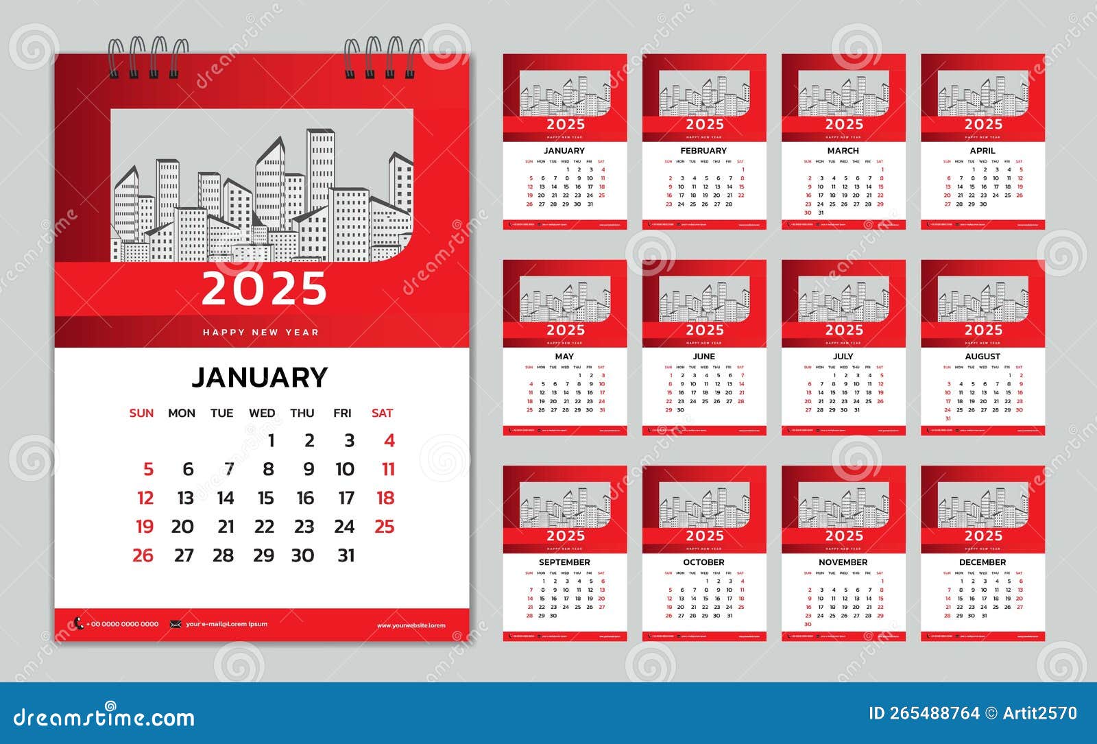 Wall Calendar 2025 in Red Graphic Style, Monthly Calendar Template for