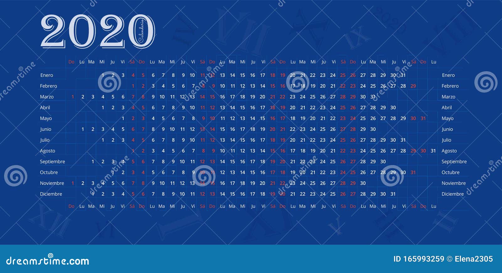 2020 Wall Calendar In Spanish On Deep Blue Background With Roman