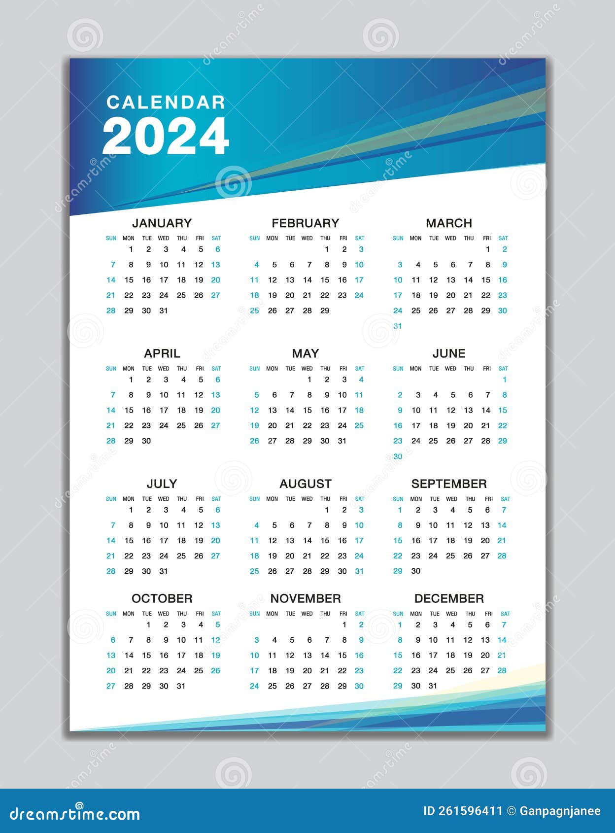 Planner calendar for 2024. Wall organizer, yearly template. One page. Set  of 12 months. English Stock Vector