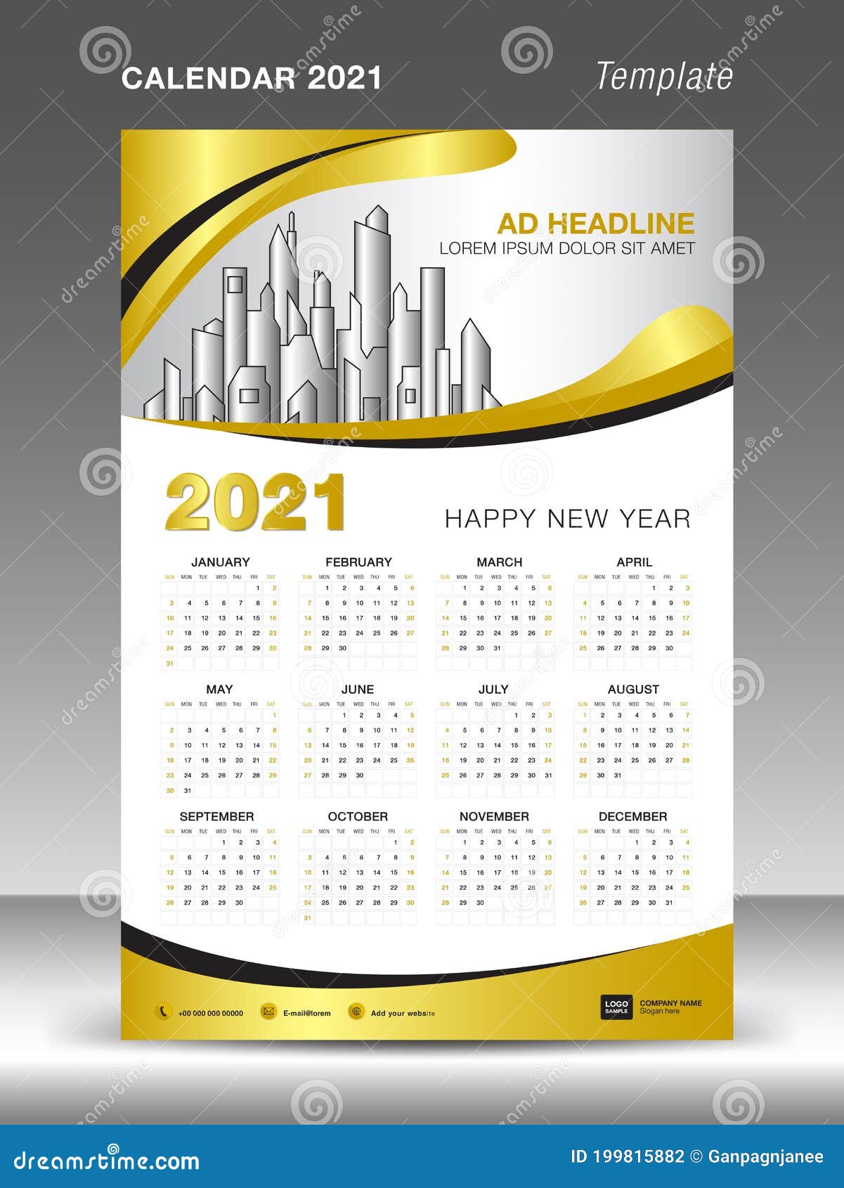 Calendar 2021 Template Gold Background Concept, Desk Calendar Vector