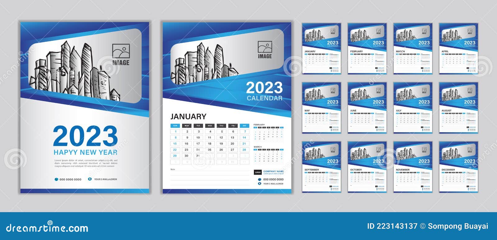 Wall Calendar Template Set Desk Year Happy New Planner Week Start Sunday Vertical Layout Months Modern Cover Design 223143137 