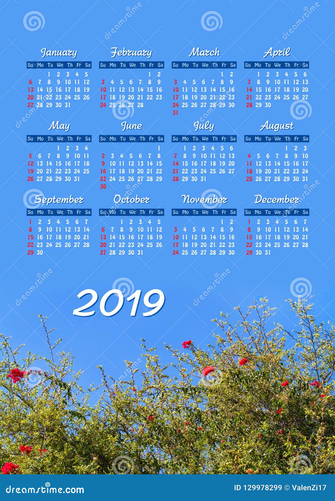 Wall Calendar for 2019 Year, Single Page with Photo Stock Image Image