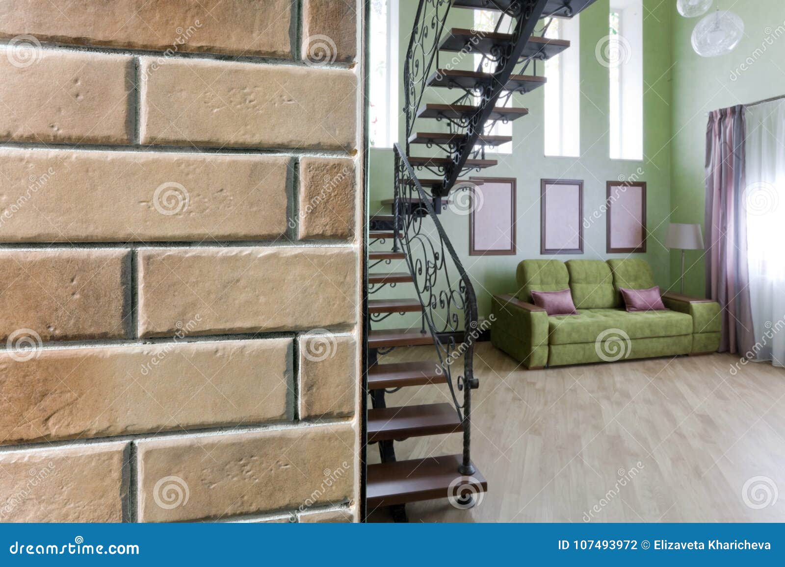 Wall With Ceramic Facing Brick And Interior With A Metal