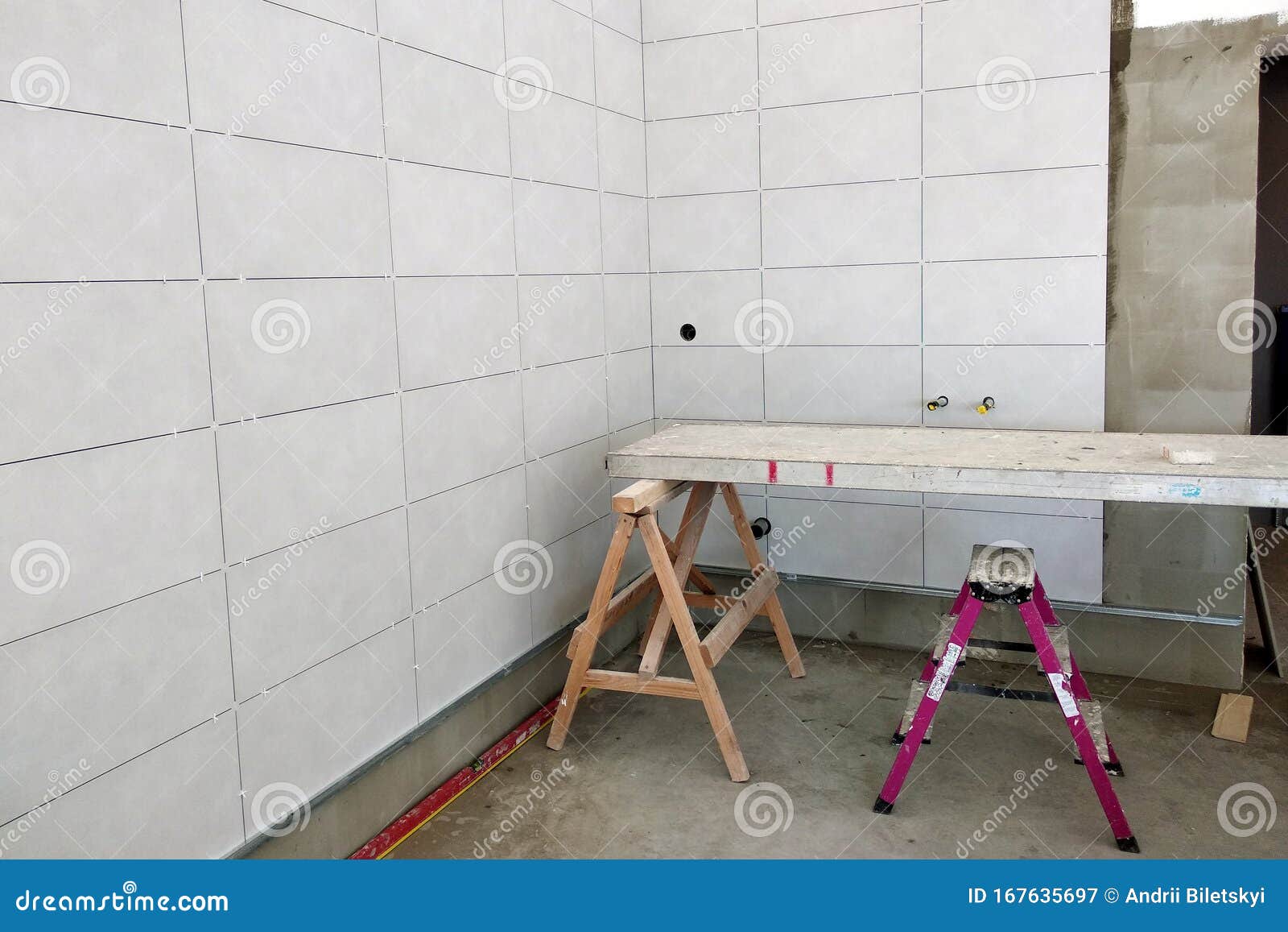 Wall Ceramic Tiles Installation on Mortar Glue Stock Image Image of