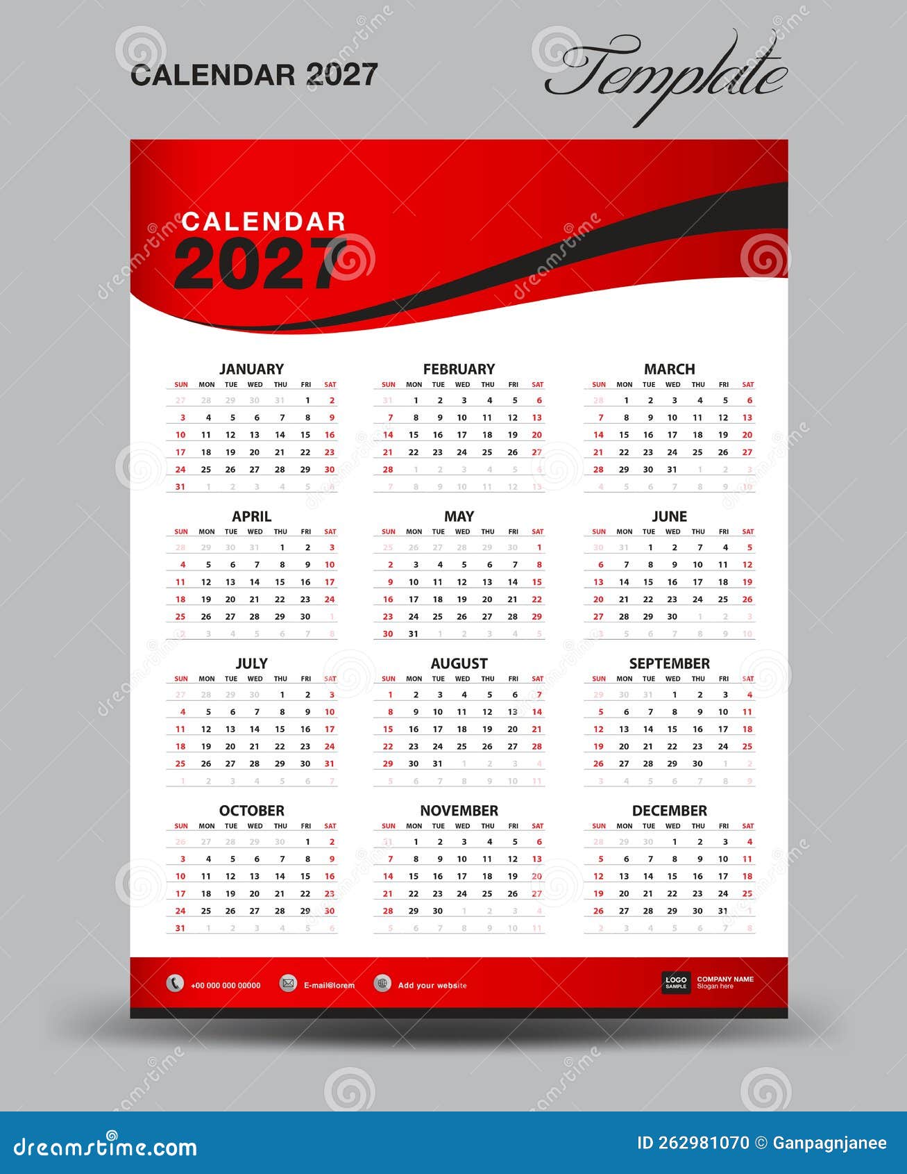 Wall Desk Calendar 2027 Template, Desk Calendar 2027 Design, Week Start