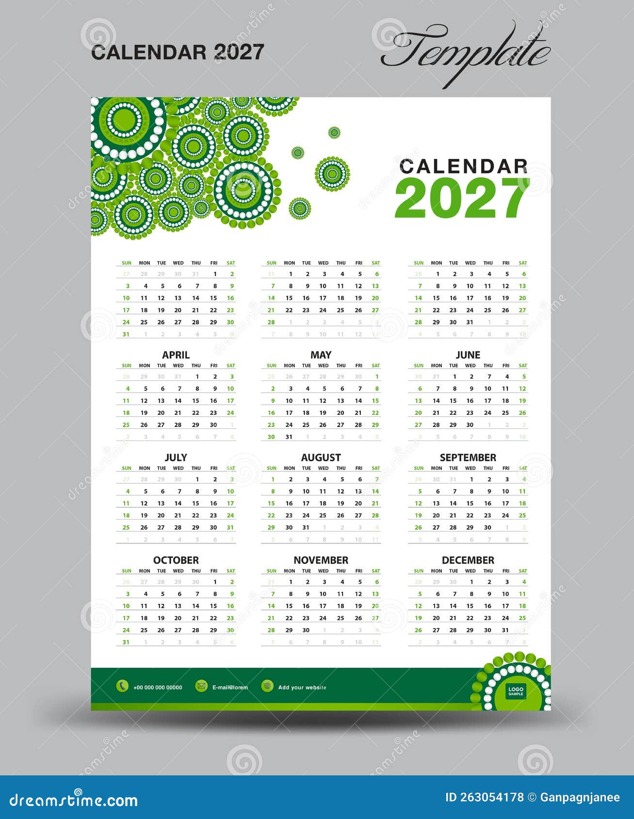 Wall Desk Calendar 2027 Template, Desk Calendar 2027 Design, Week Start