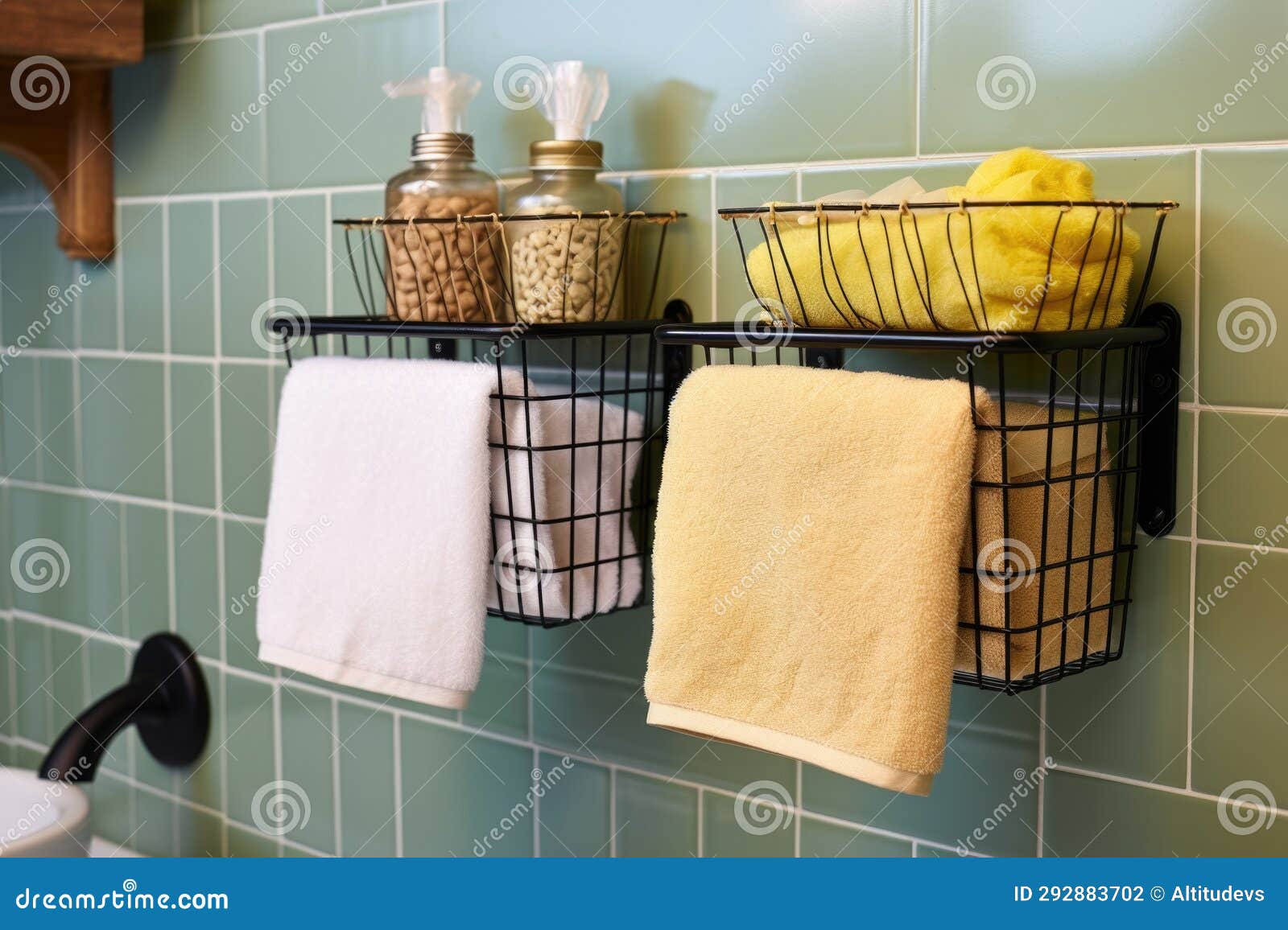 Wallhanged Wire Baskets with Rolled Hand Towels Stock Photo Image of