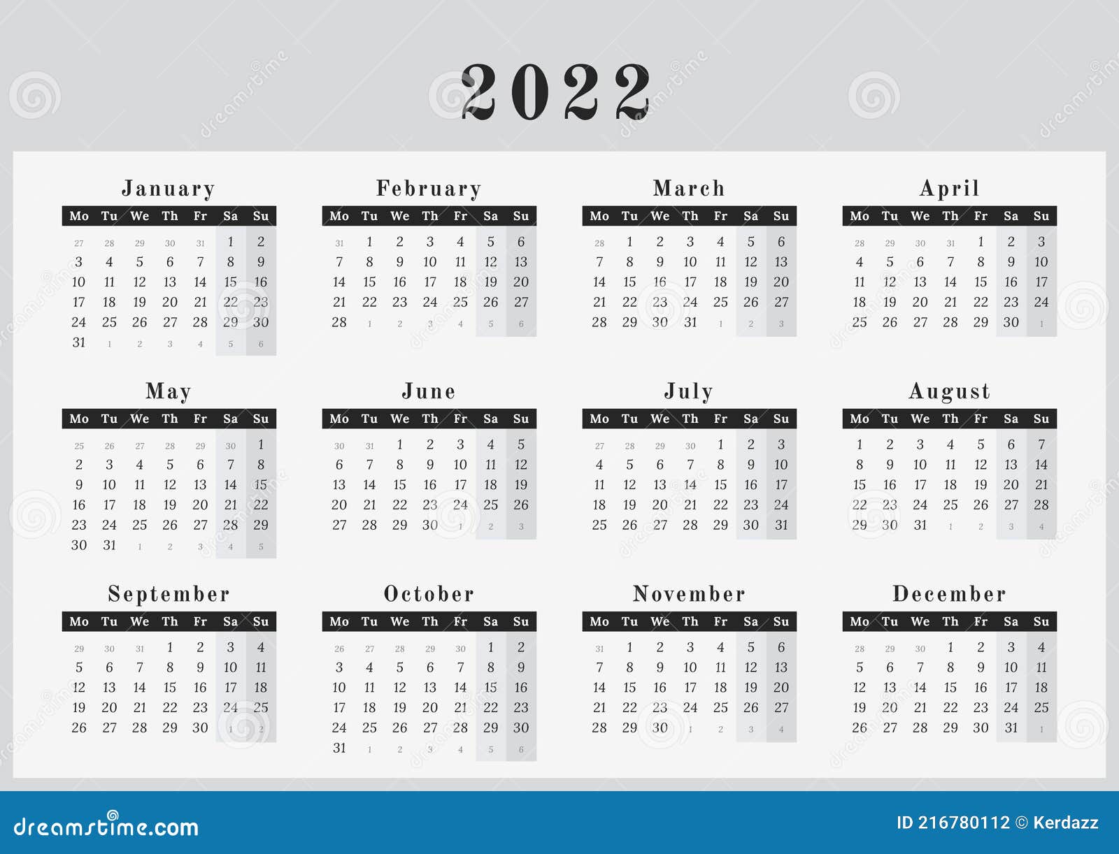 Wall Horizontal Calendar For Year 2022 In Neutral Black And White Design Stock Vector - Illustration Of February, Month: 216780112
