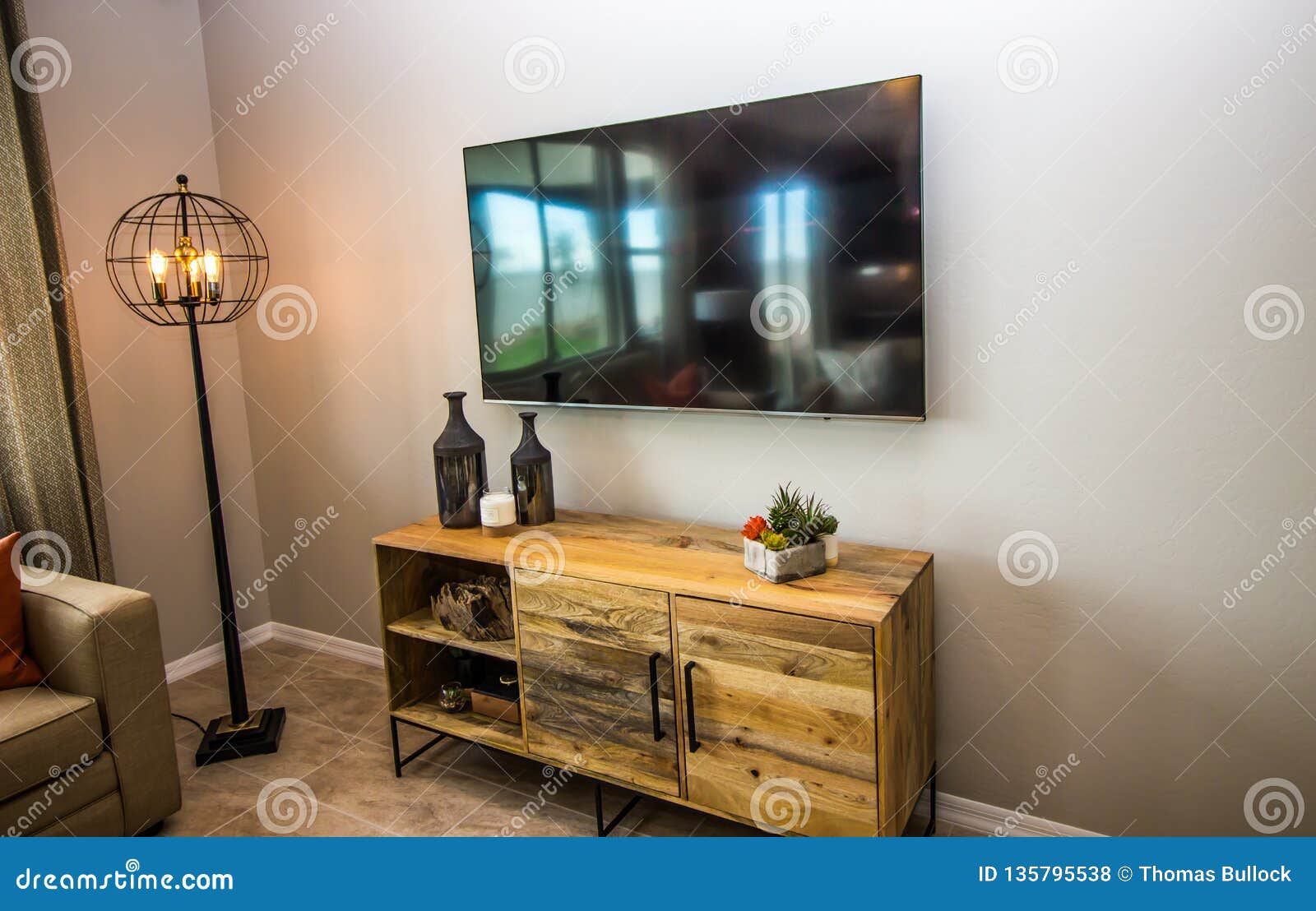 Flat Screen Tv Over Wooden Credenza Stock Photo Image Of