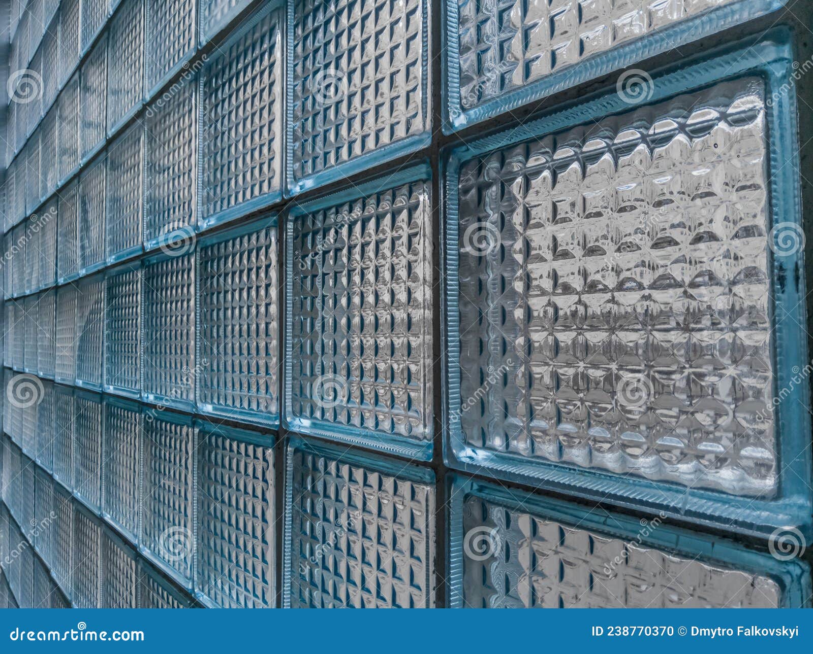 The Wall is Lined with Blue Glass Blocks, Close Up Stock Photo Image