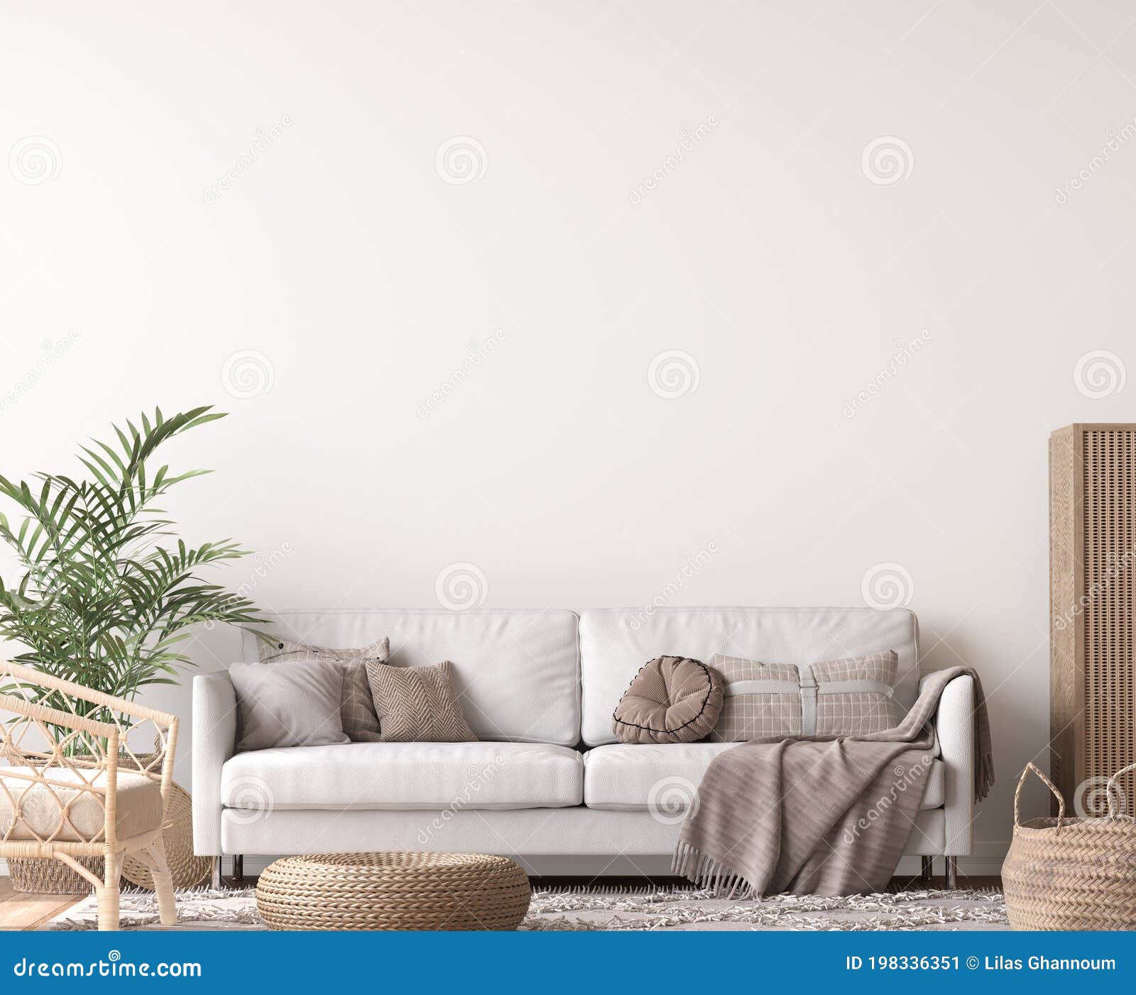 wall mockup in living room , white sofa in scandinavian interior