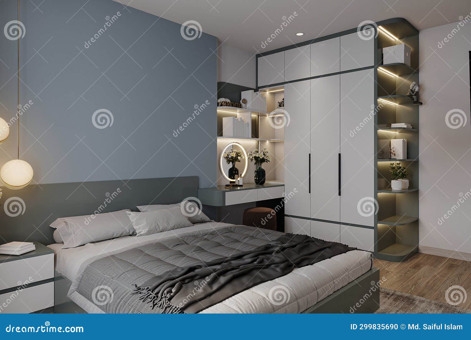 A Wallmounted Mirror with Attached LED Light and Shelves Next To the