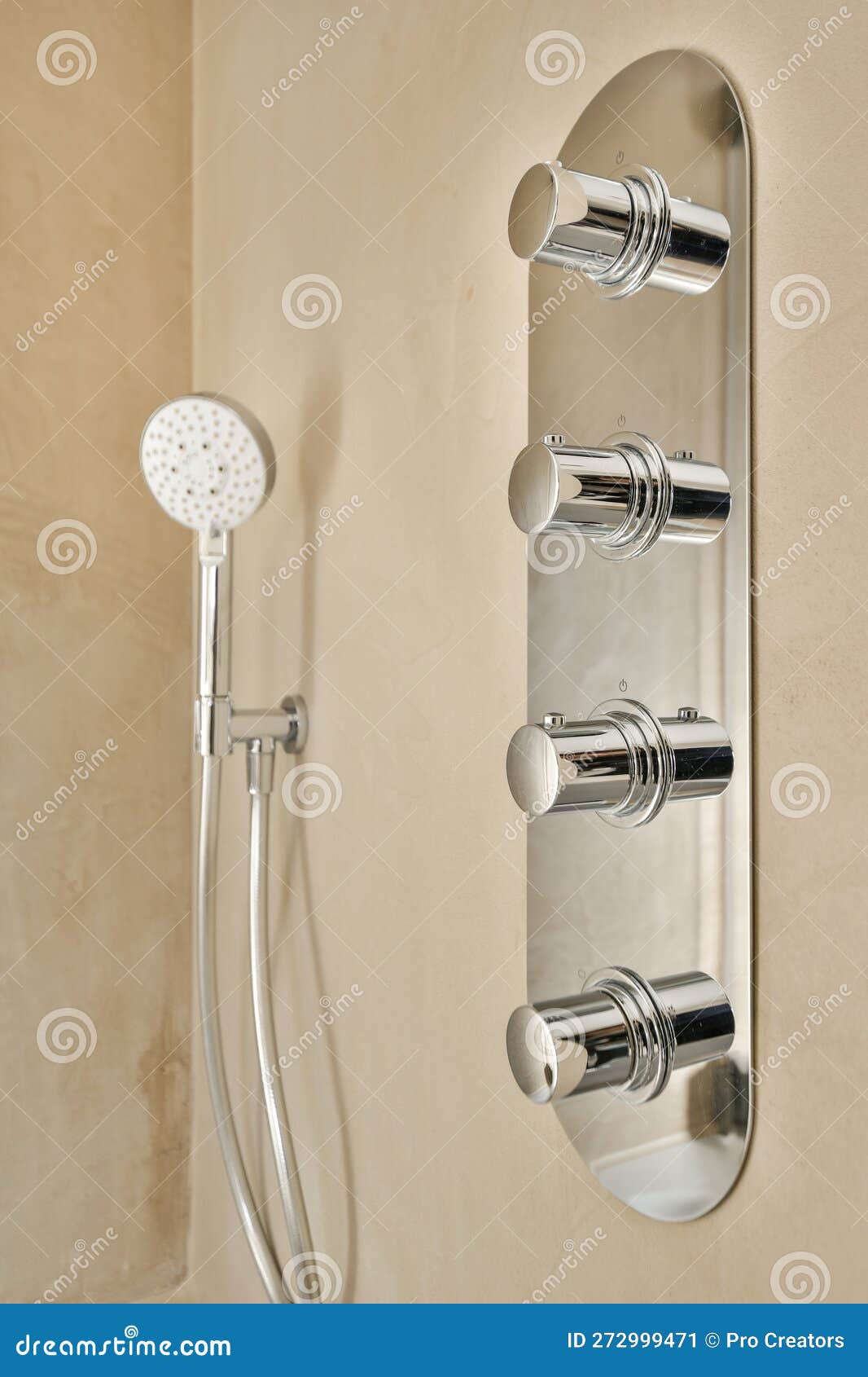 A Bathroom with Three Shower Heads and a Mirror Stock Image Image of close, wood 272999471