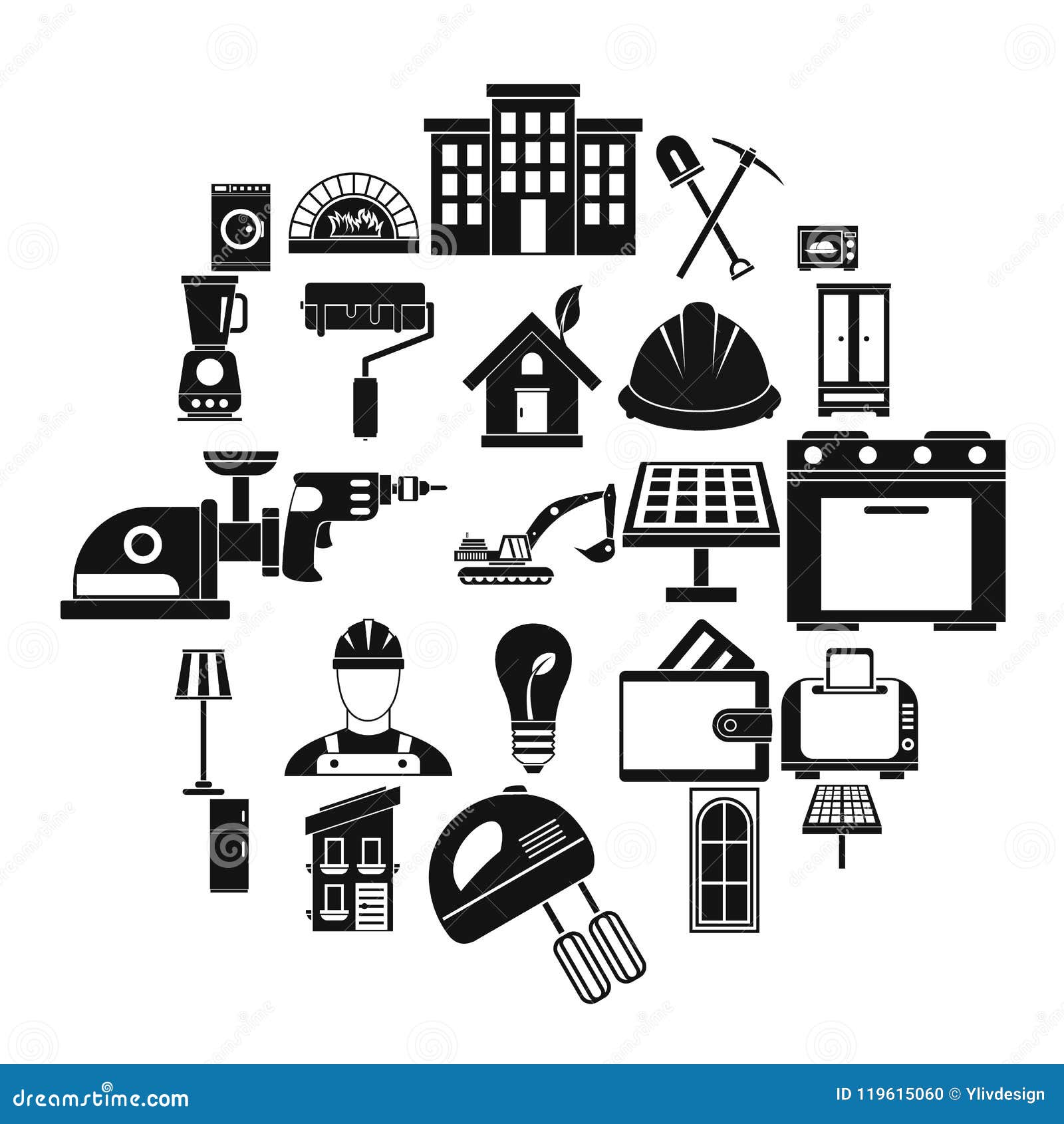 Wall Painting Icons Set, Simple Style Stock Vector Illustration of lamp, courtyard 119615060