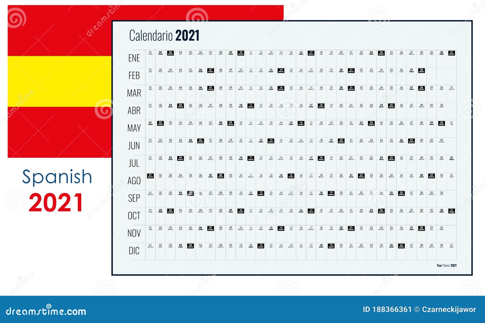21 Wall Planner In Spanish Yearly Calendar And Organizer Simple Layout In B W Colors Stock Vector Illustration Of Event 21
